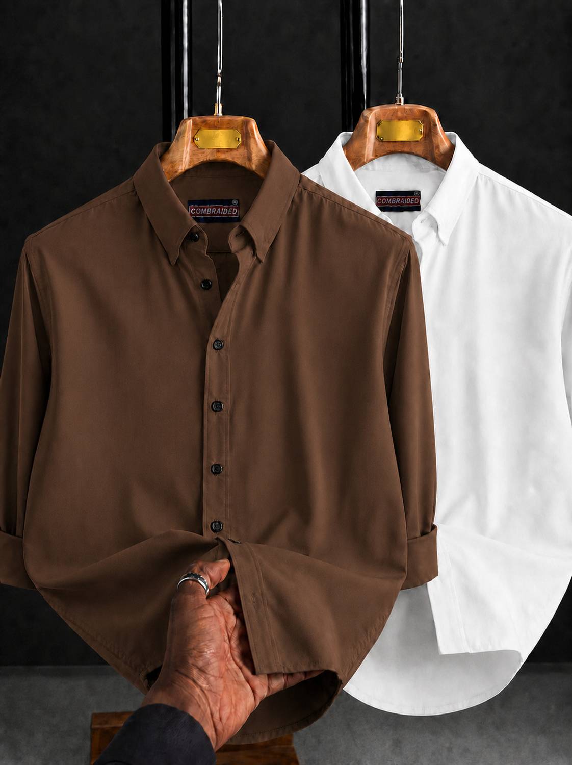COMBRAIDED Men Solid Casual Brown, White Shirt