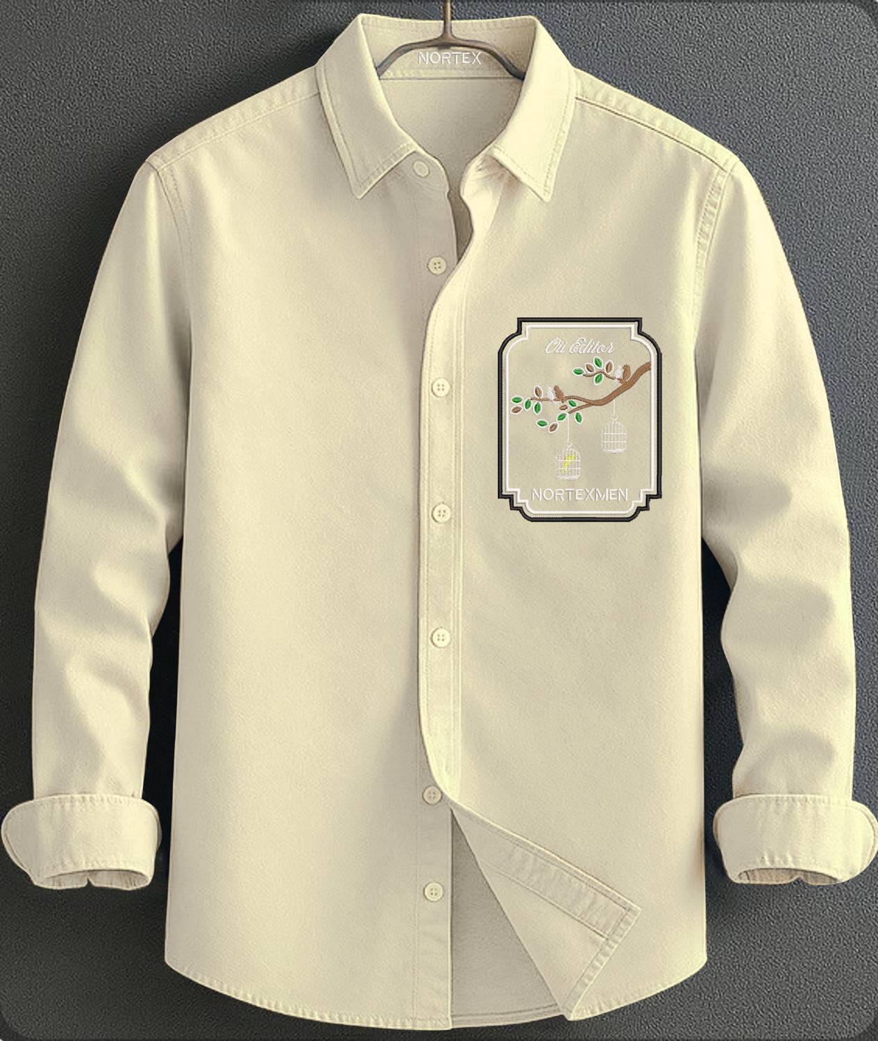 Nortex Men Embroidered Casual Cream Shirt - Image 1