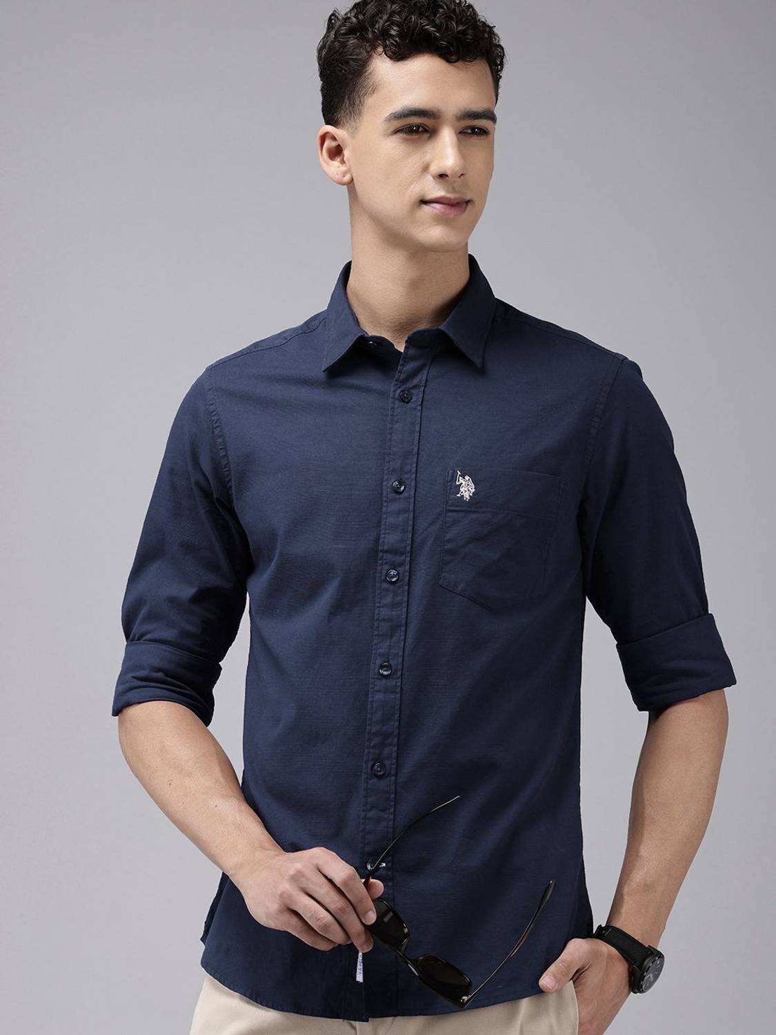 U.S. POLO ASSN. Men Solid Casual Blue Shirt - Image 1