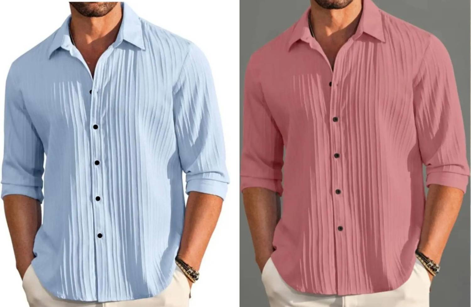 VRLOOKS Men Self Design Casual Light Blue, Pink Shirt - Image 2