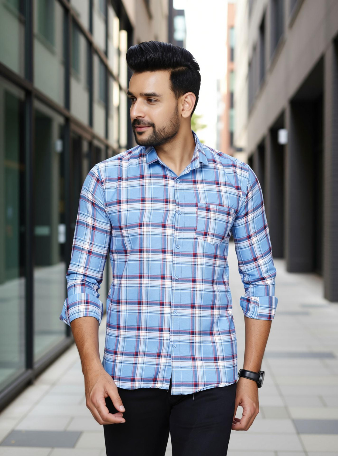 Studio-9 Men Checkered Formal Light Blue Shirt