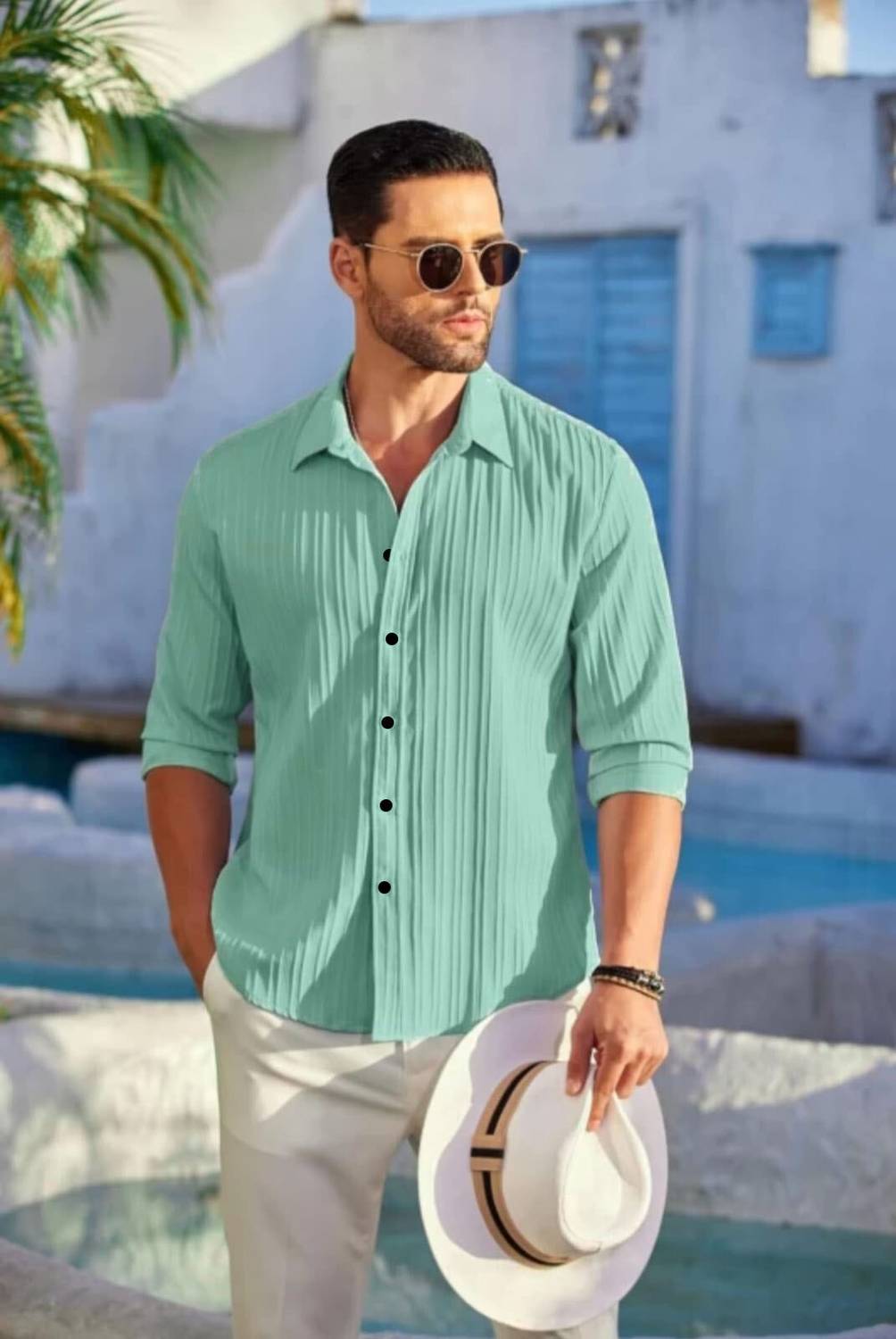 ManlyAttire Men Striped Light Green Shirt - Image 1