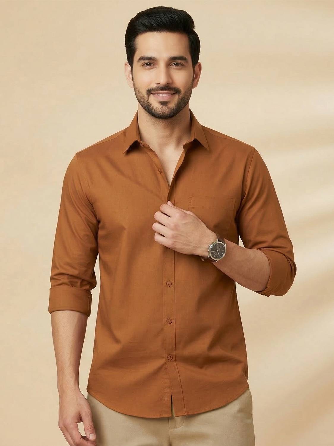 METRONAUT Men Solid Casual Brown Shirt - Image 1