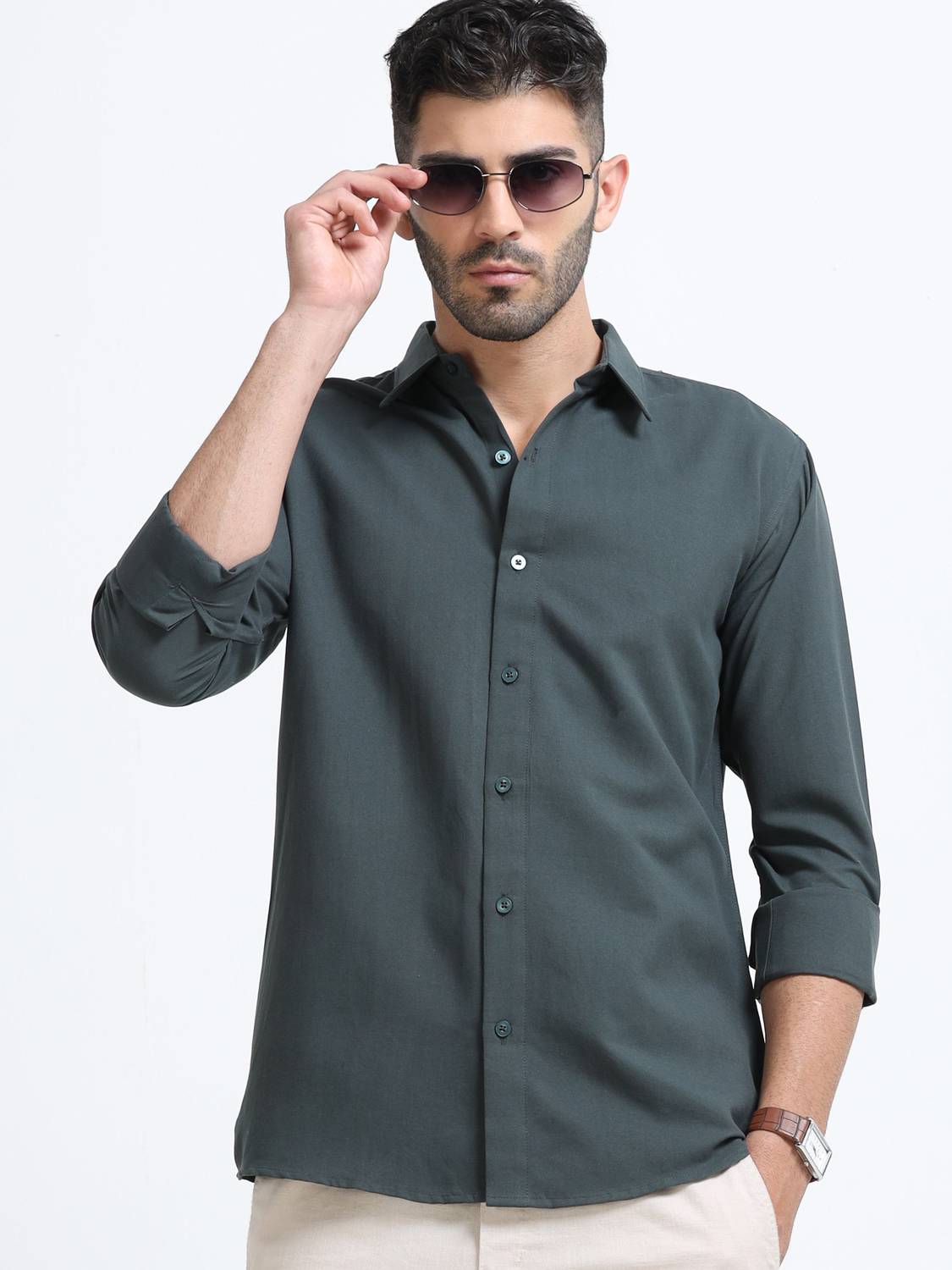 WHISQ Men Dark Green Casual Shirt - Image 1
