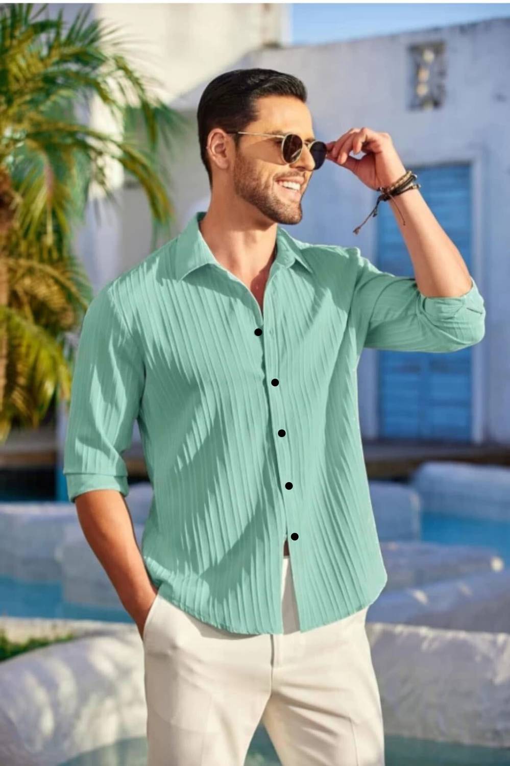 ManlyAttire Men Striped Light Green Shirt - Image 3