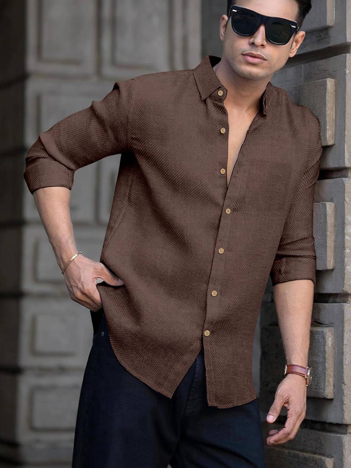 Javier Men Self Design Casual Brown Shirt