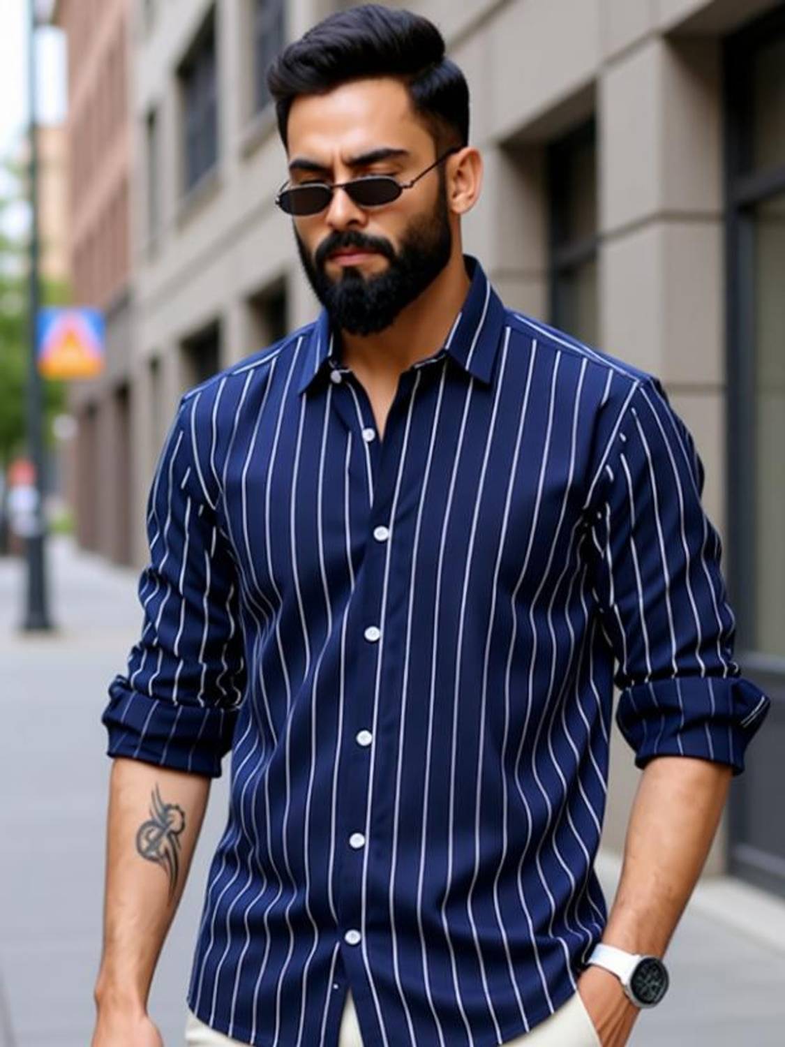 RODEIZ Men Striped Casual Dark Blue Shirt