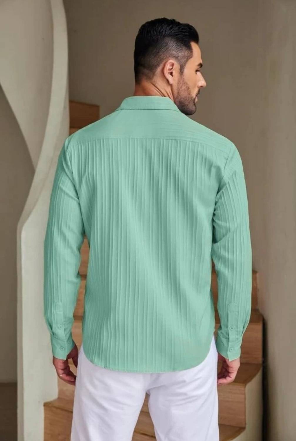 ManlyAttire Men Striped Light Green Shirt - Image 2