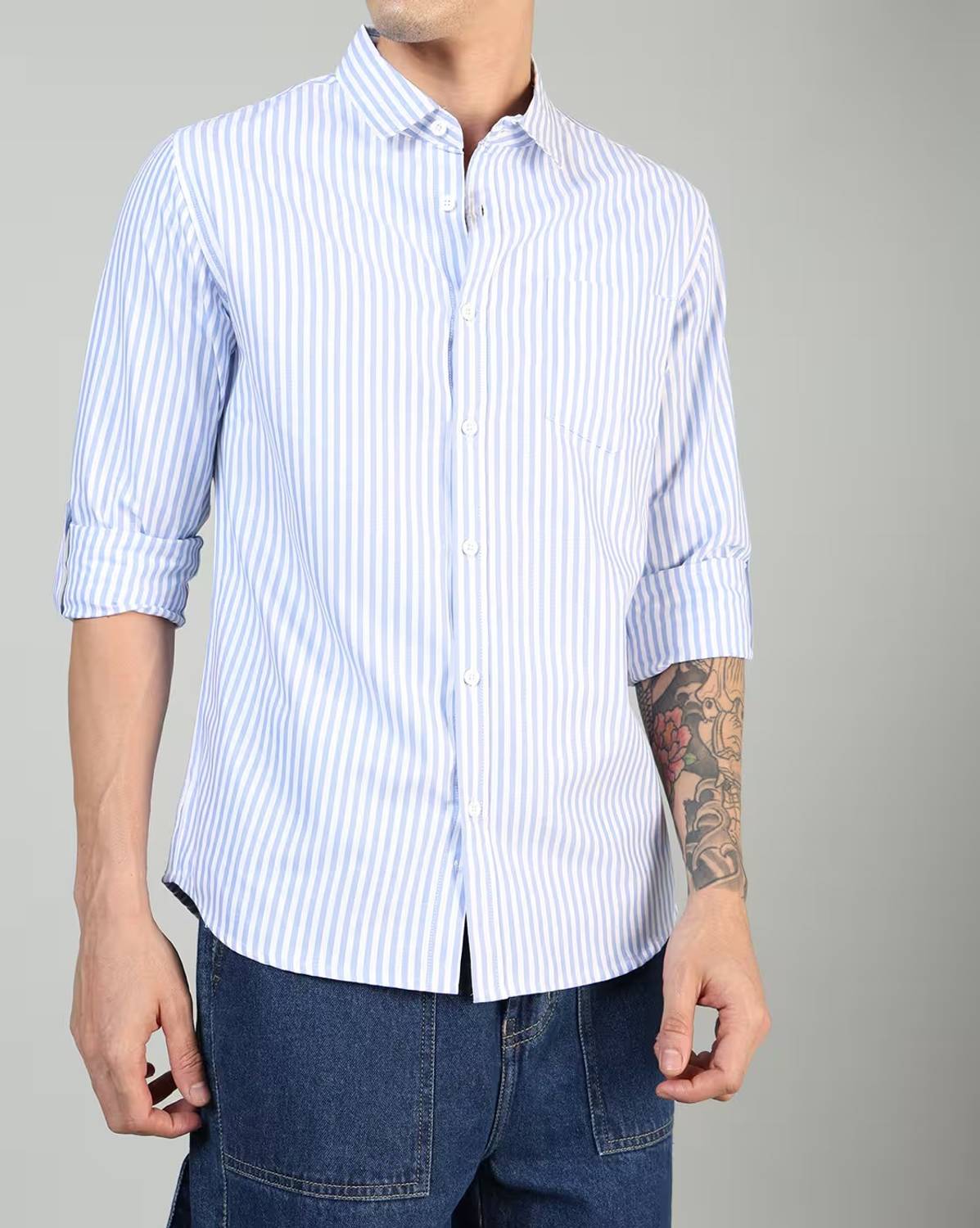 JNV FASHION Men Striped Casual Light Blue, White Shirt - Image 3