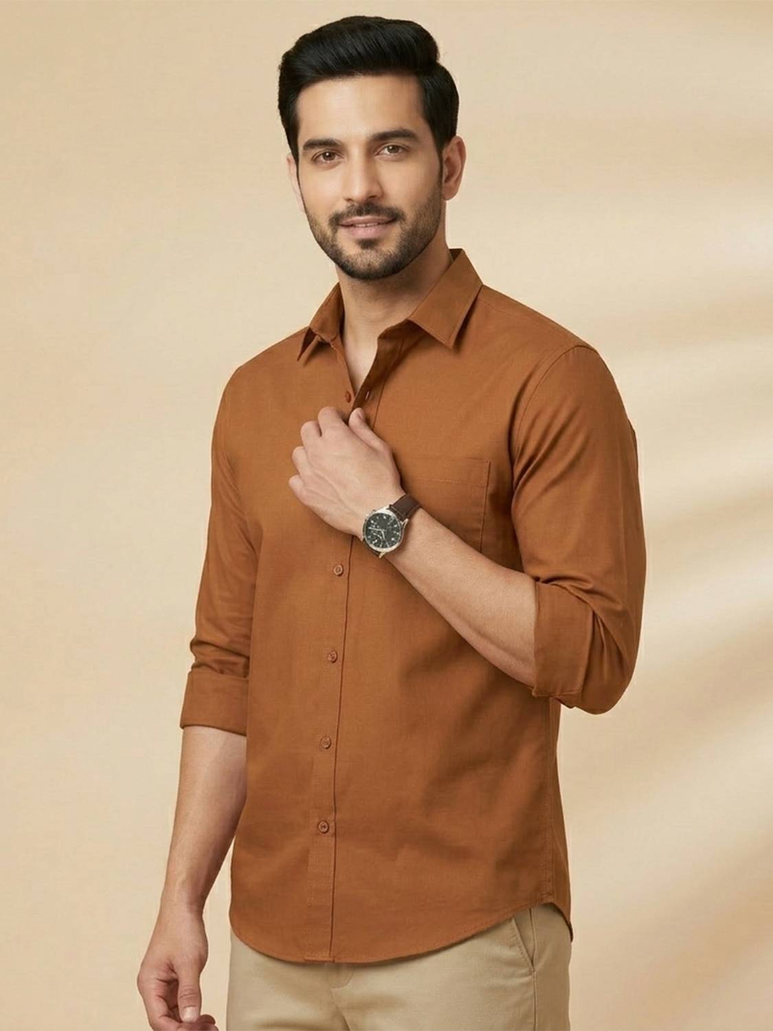 METRONAUT Men Solid Casual Brown Shirt - Image 3