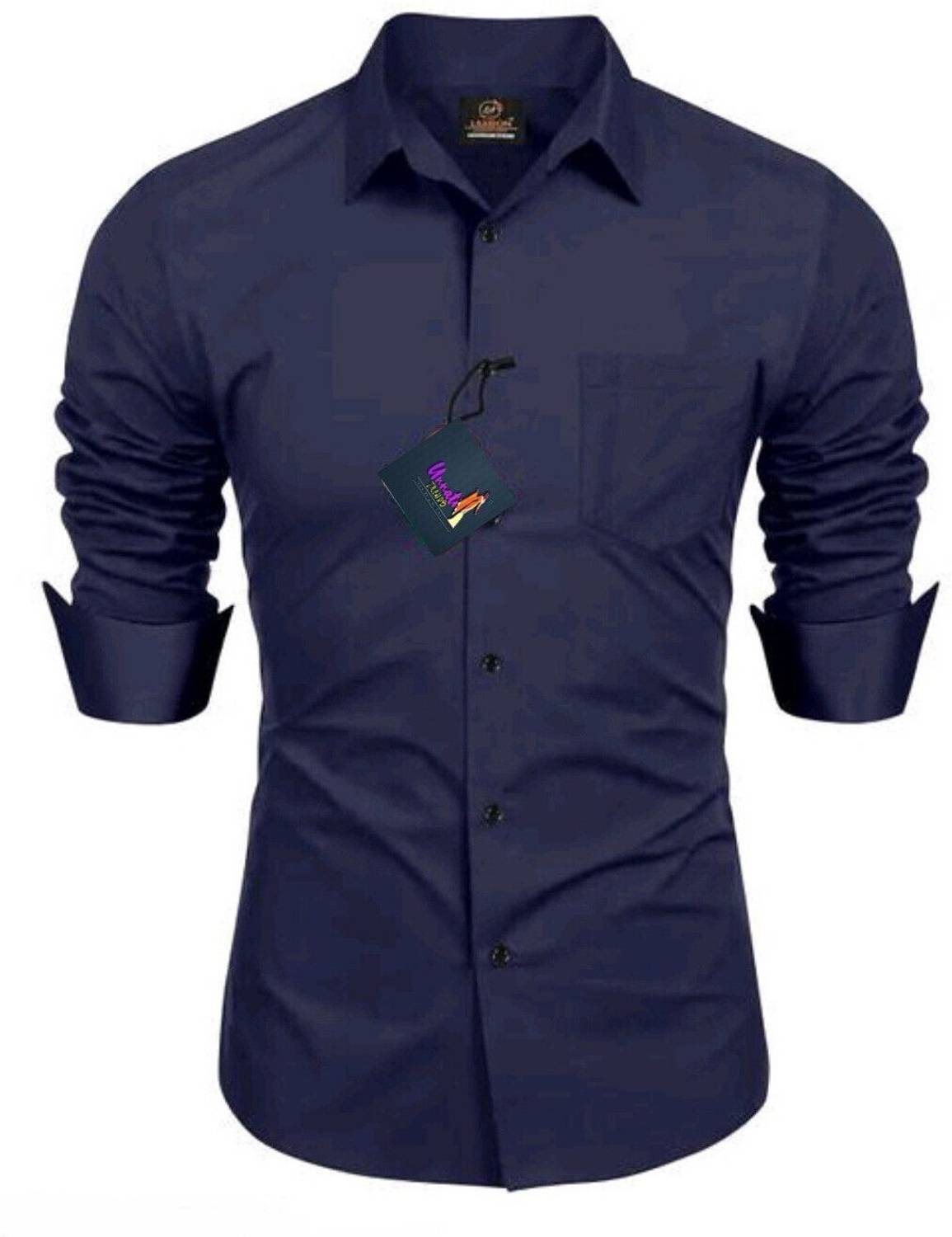 MUMIN Men Solid Casual Dark Blue Shirt