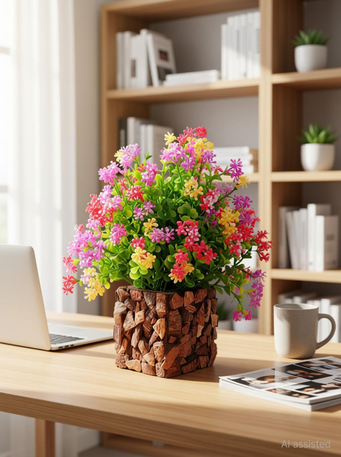 zonezer Multicolor flower Plant with Stylish Coconut Brown Pot Multicolor Daisy Artificial Flower with Pot