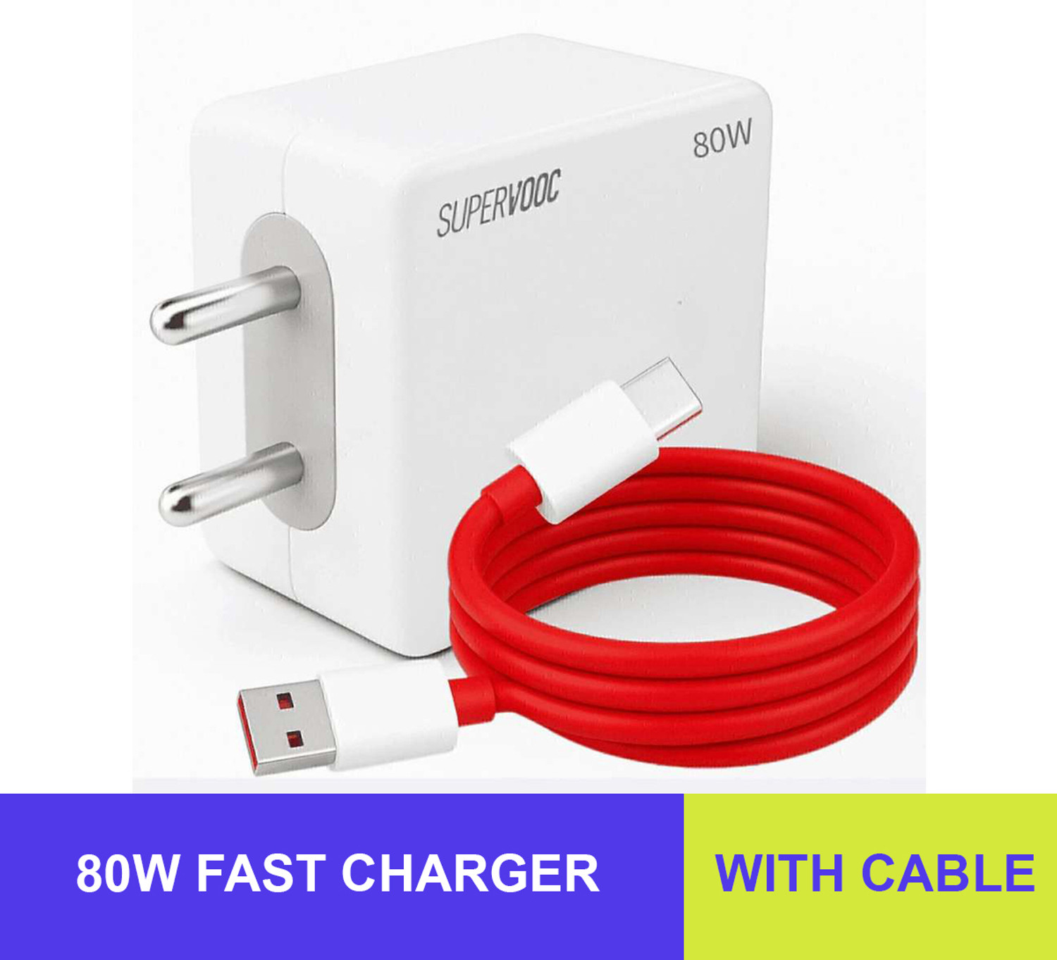 RoarX 80 Watt Supervooc/Dash/Vooc/Super Dart Fast Charger adapter with Type C cable 7 A Mobile Charger with Detachable Cable