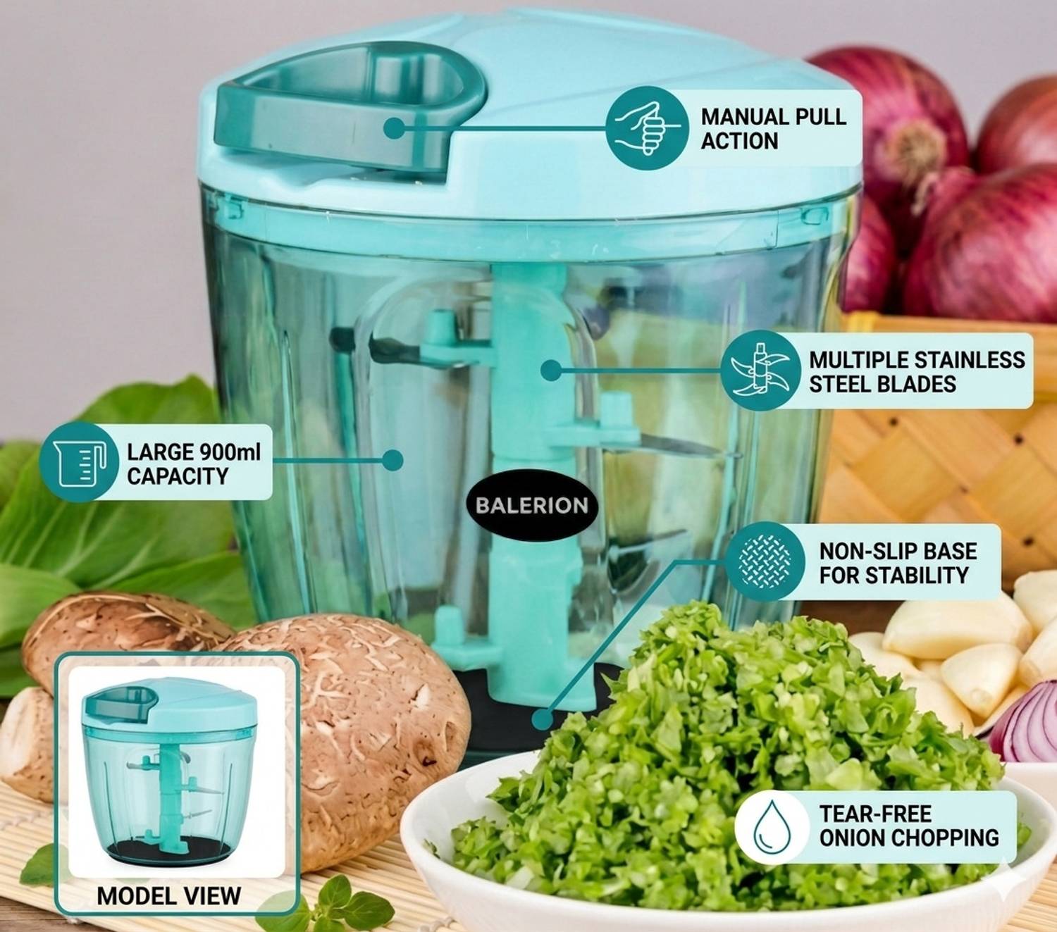 BALERION Manual Chopper 900ml Blue - Image 3