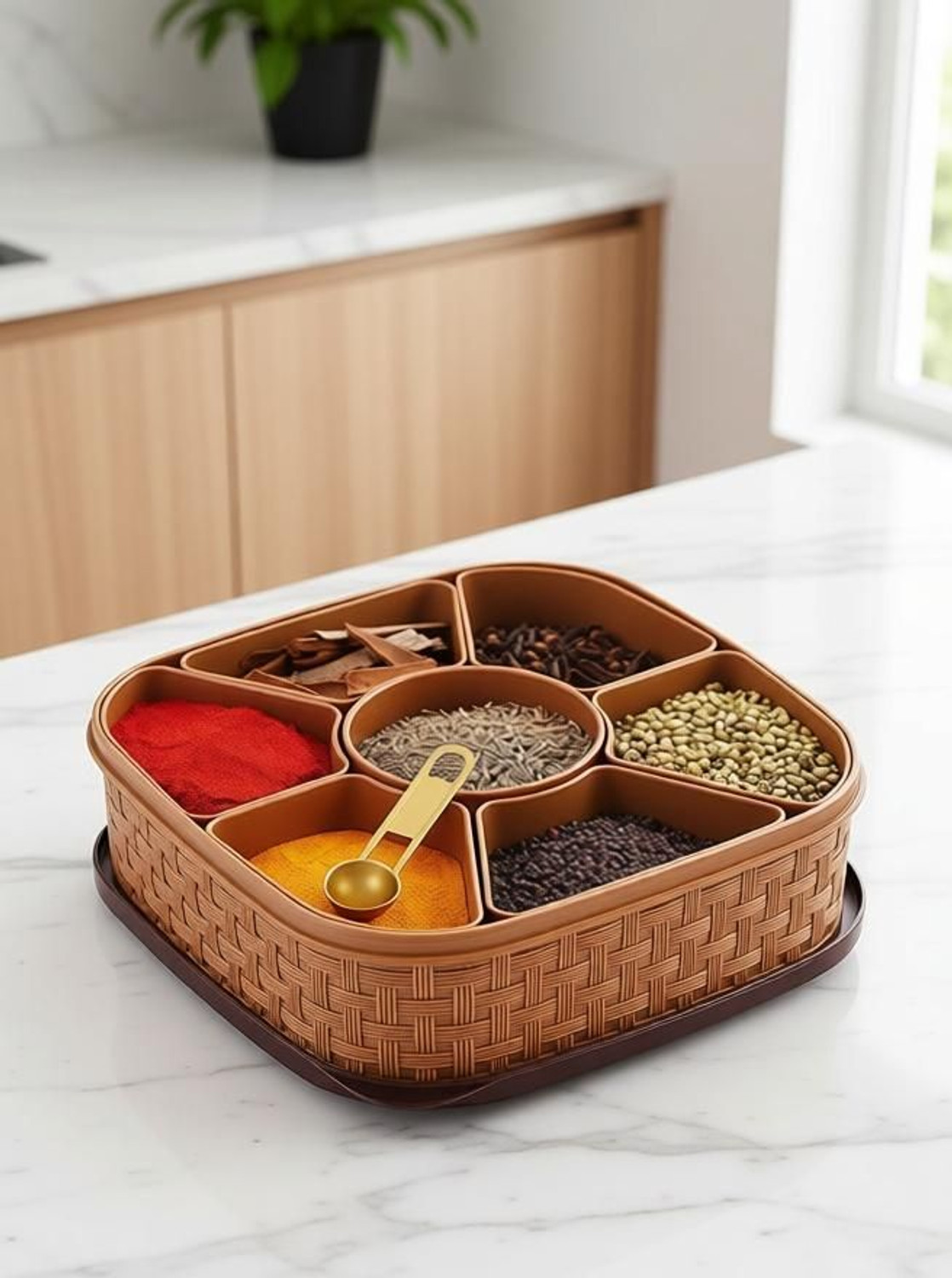OMORTEX Plastic Masala Box | 7 Compartment Spice Container | Food-Grade Multipurpose Masala Dabba 1 Piece Spice Set