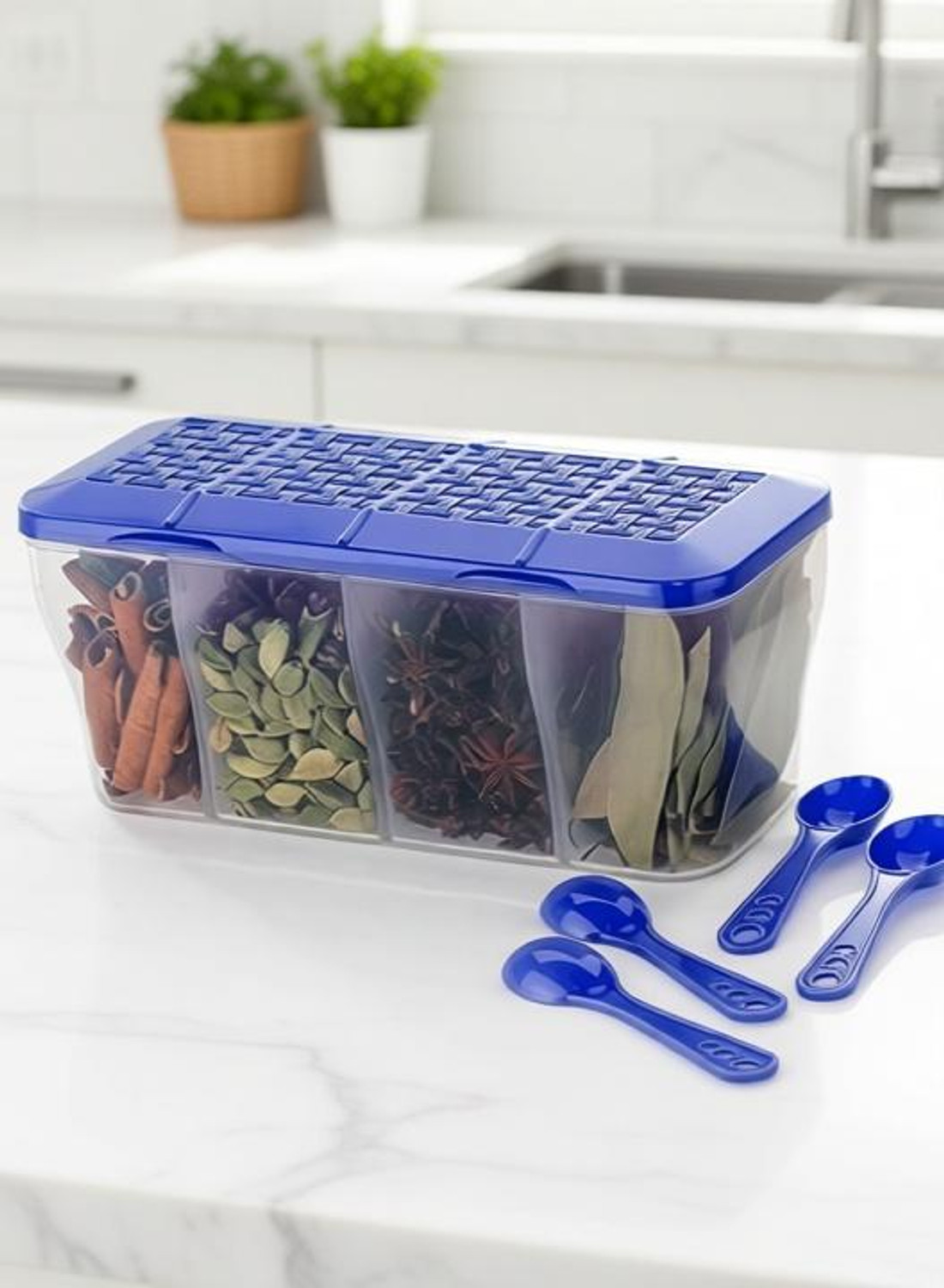GAJERA AND ASSOCIATES 4 Section masala baox, spice container box, spice box, spice set, pickle jar, pickle container, dry fruit box (blue)-1800ml)-3 1 Piece Spice Set