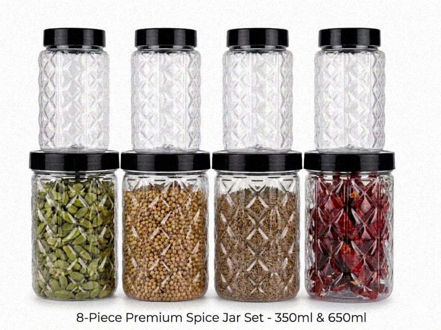 8INN Pack of 8 Plastic Grocery Container - 350 ml, 650 ml Black, Grey, Transparent