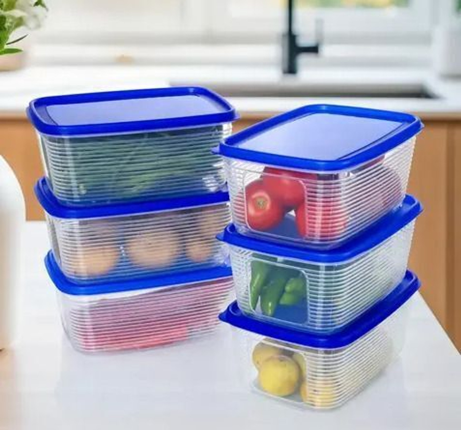 OMORTEX Pack of 6 Plastic Fridge Container - 1800 ml Blue