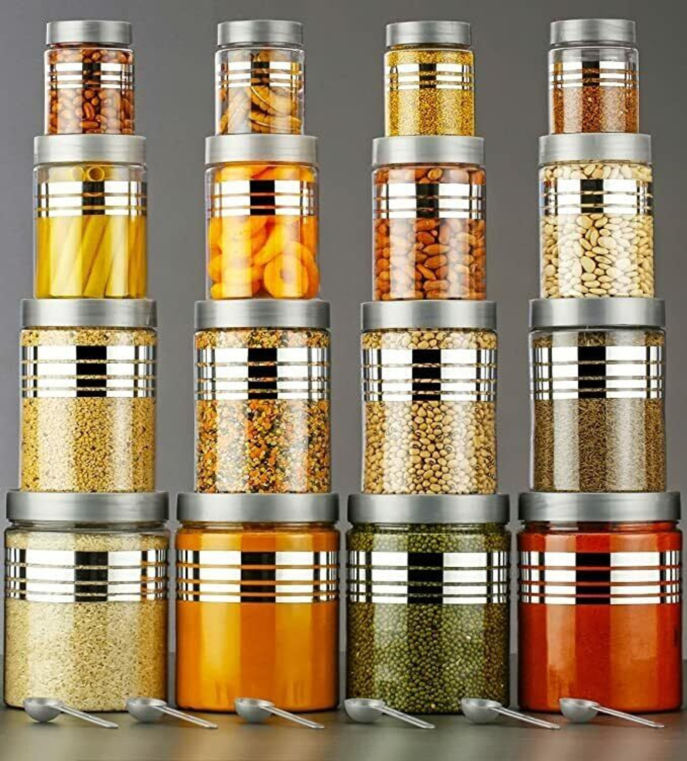 Kivanshi Pack of 16 Plastic Grocery Container - 1000 ml, 500 ml, 250 ml, 100 ml Silver, Clear