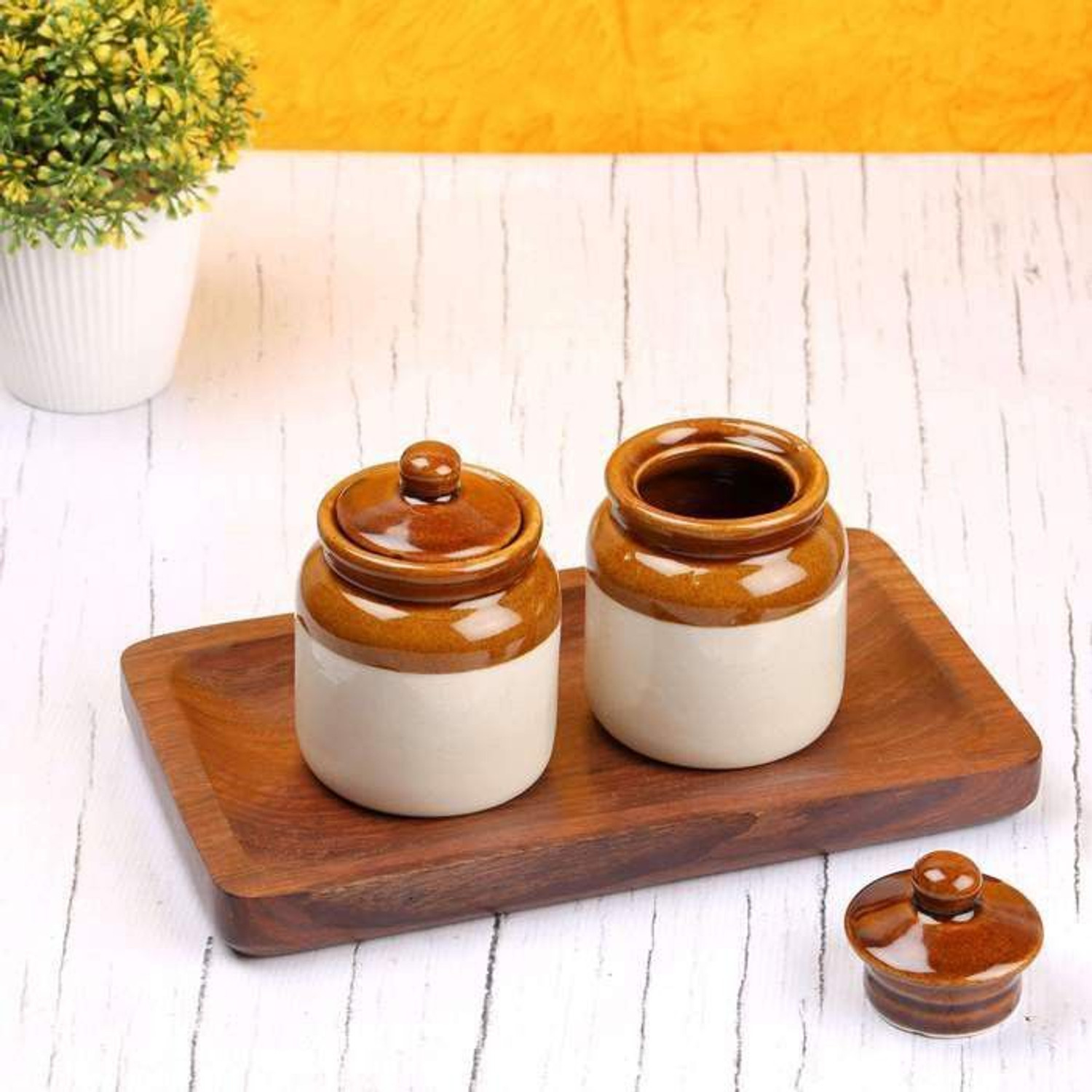 hc the crafts Pack of 2 Ceramic Pickle Jar - 300 ml White, Brown