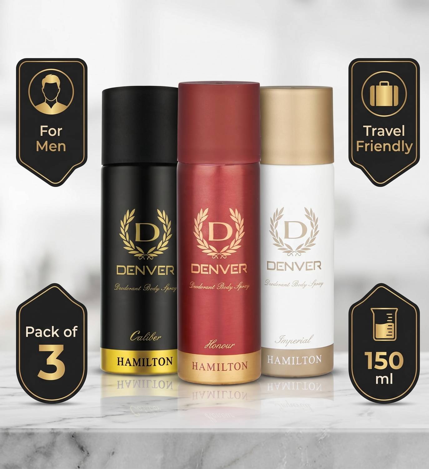 DENVER Caliber, Honour, Imperial Deodorant Body Spray (150ml x 3) Body Spray  -  For Men