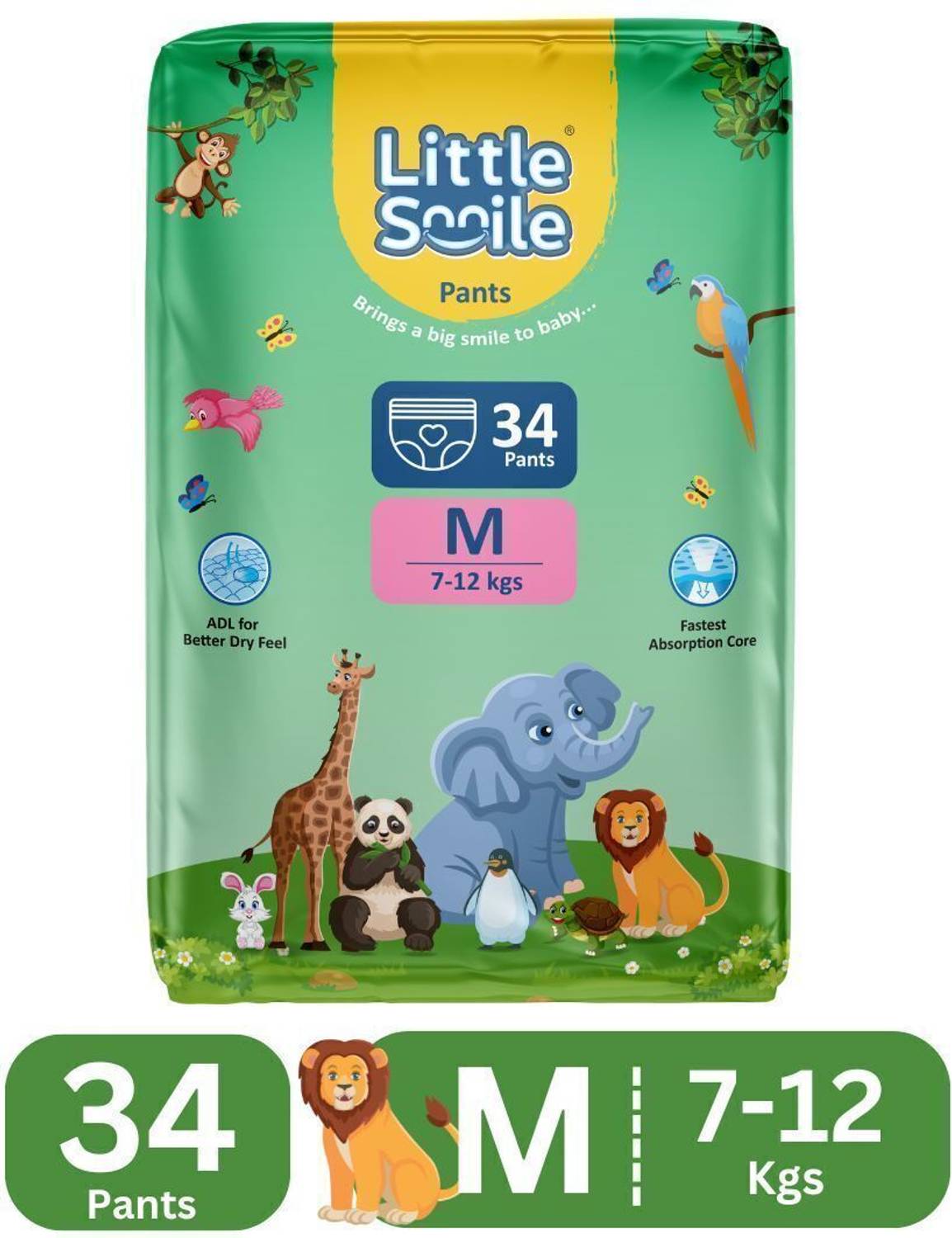 Little Smile Baby Pants Extra Absorb Diapers - Medium -34 Pieces - M