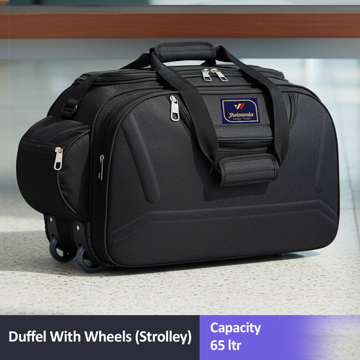Jholawala (Expandable) 65 L Travel Duffle Bags for Men & Women - Black- Regular Capacity Duffel With Wheels (Strolley)