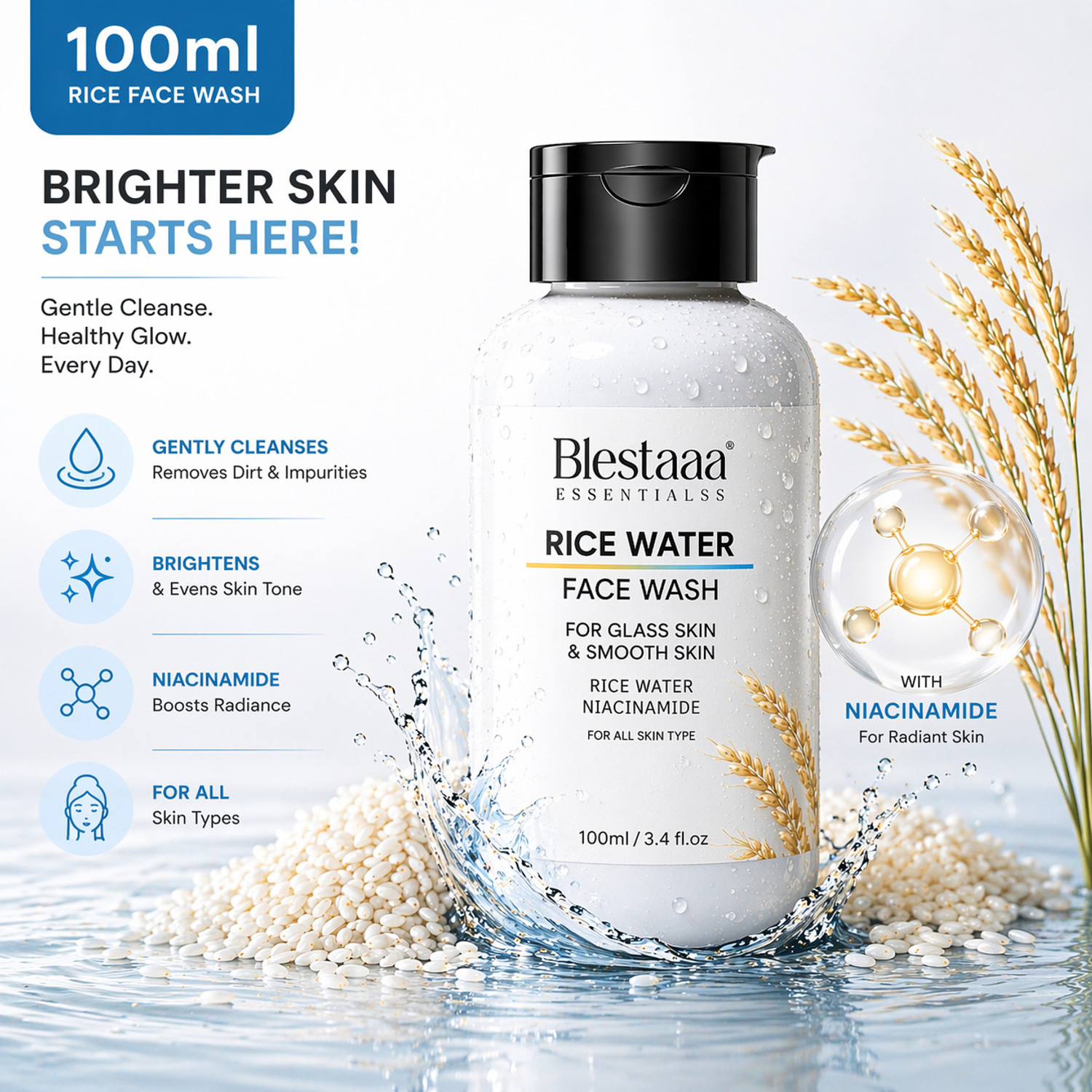 blestaaa essentialss Rice With Rice Water & Niacinamide for Glass Skin Men & Women All Skin Types Face Wash