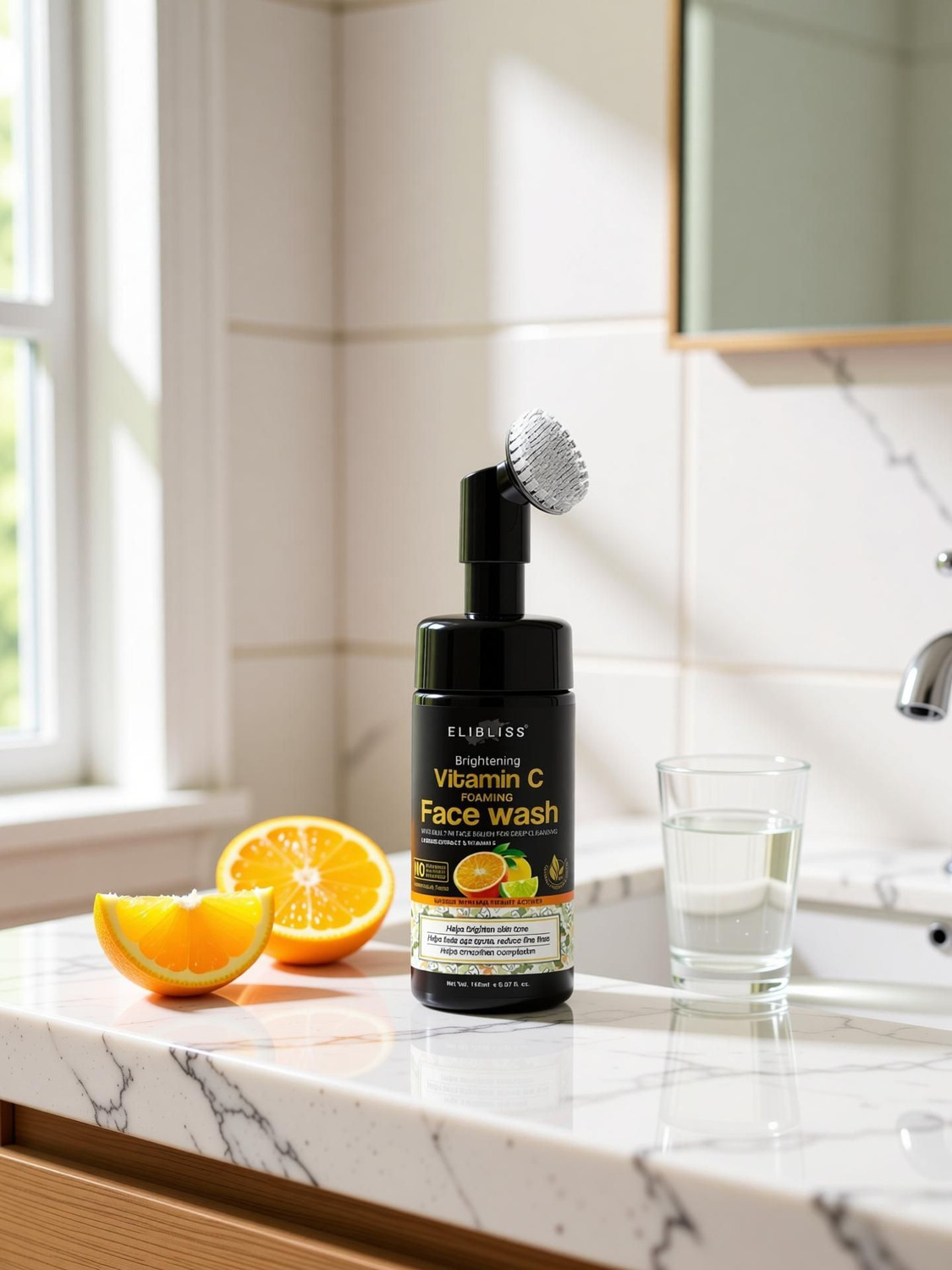 ELIBLISS Brightening Vitamin C Foaming with Built-In Face Brush for deep cleansin Men & Women All Skin Types Face Wash