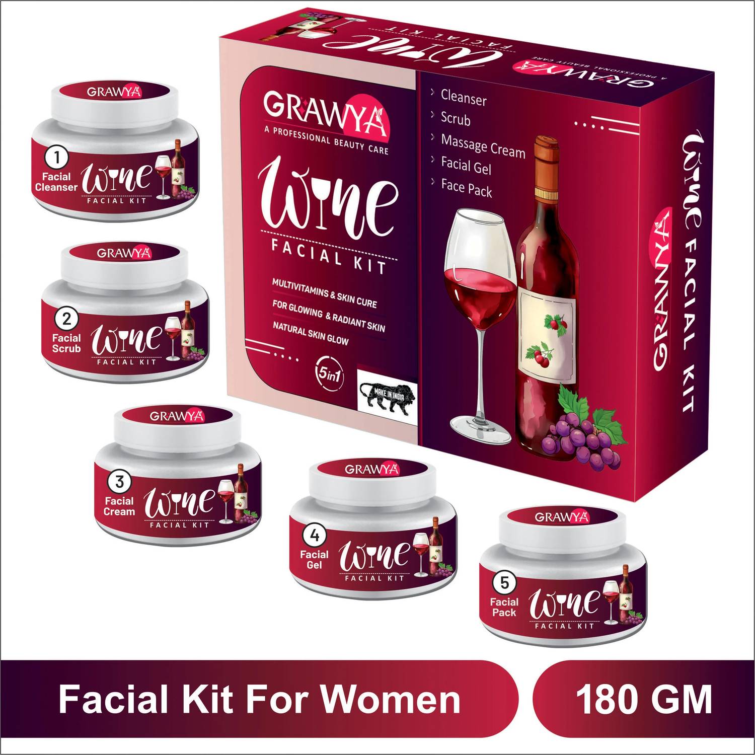Grawya Red Wine Skin Whitening Facial Kit Pack of 5 - Image 1