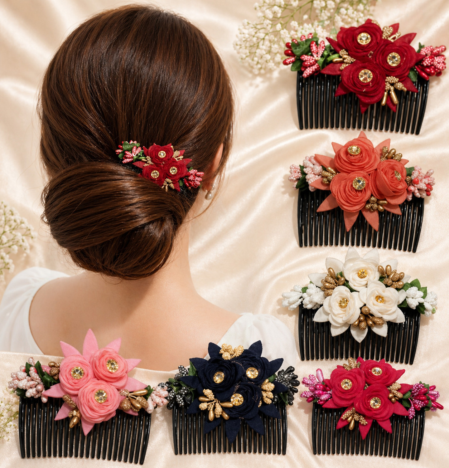 Myra Collection Pack of 6 Jooda Pin Hair Accessories with Cloth Flower for Girls Comb Pin