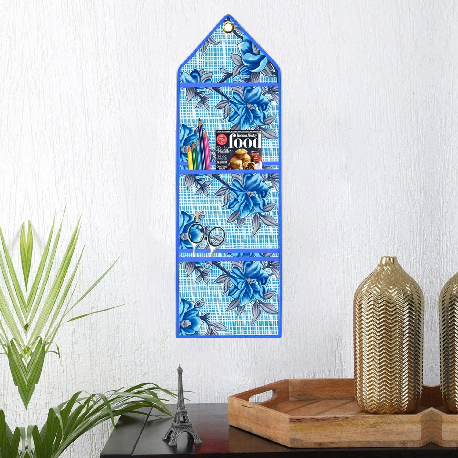 E-Retailer PVC Wall Hanging Storage Organizer/Magazine Letter Holder With 3 Utility Pockets (Floral Green, Size-26x9 Inches) Regular Organizer