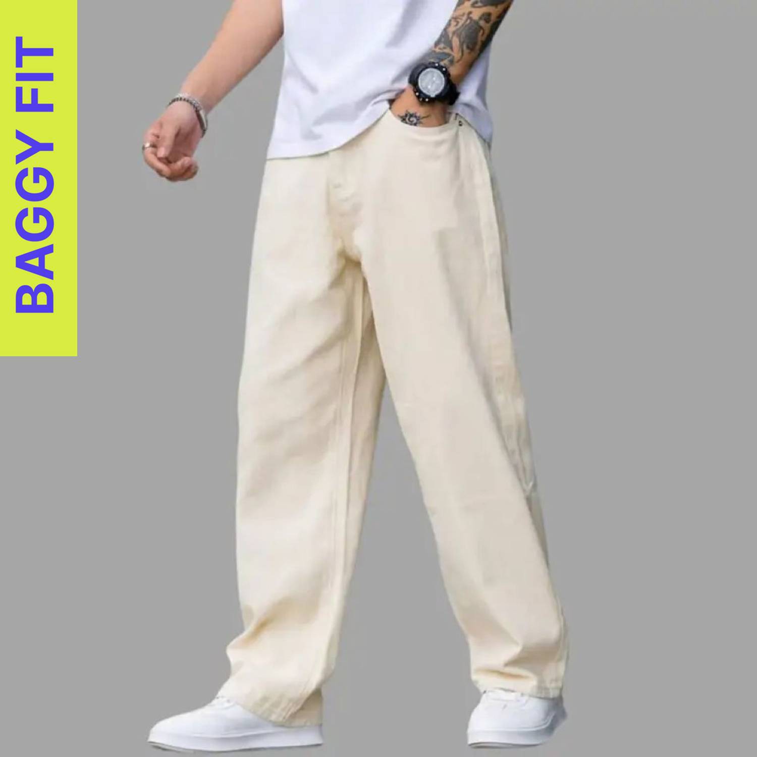 White Leapard Loose Fit Men Beige Jeans - Image 1