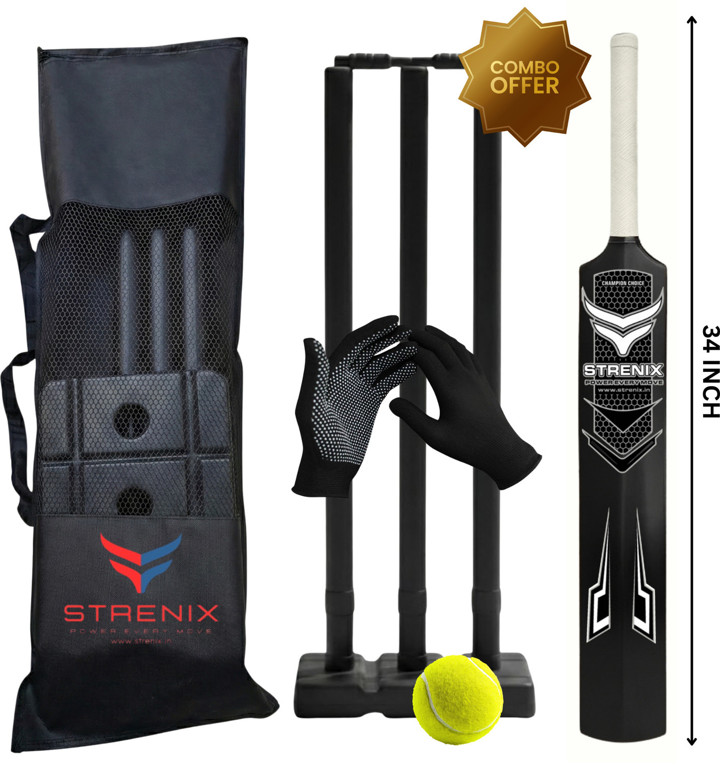 STRENIX Complete Cricket Set (1 Bat,1 Ball,1 Bag,1GlovesSet, Stump Set) For Champions Cricket Kit