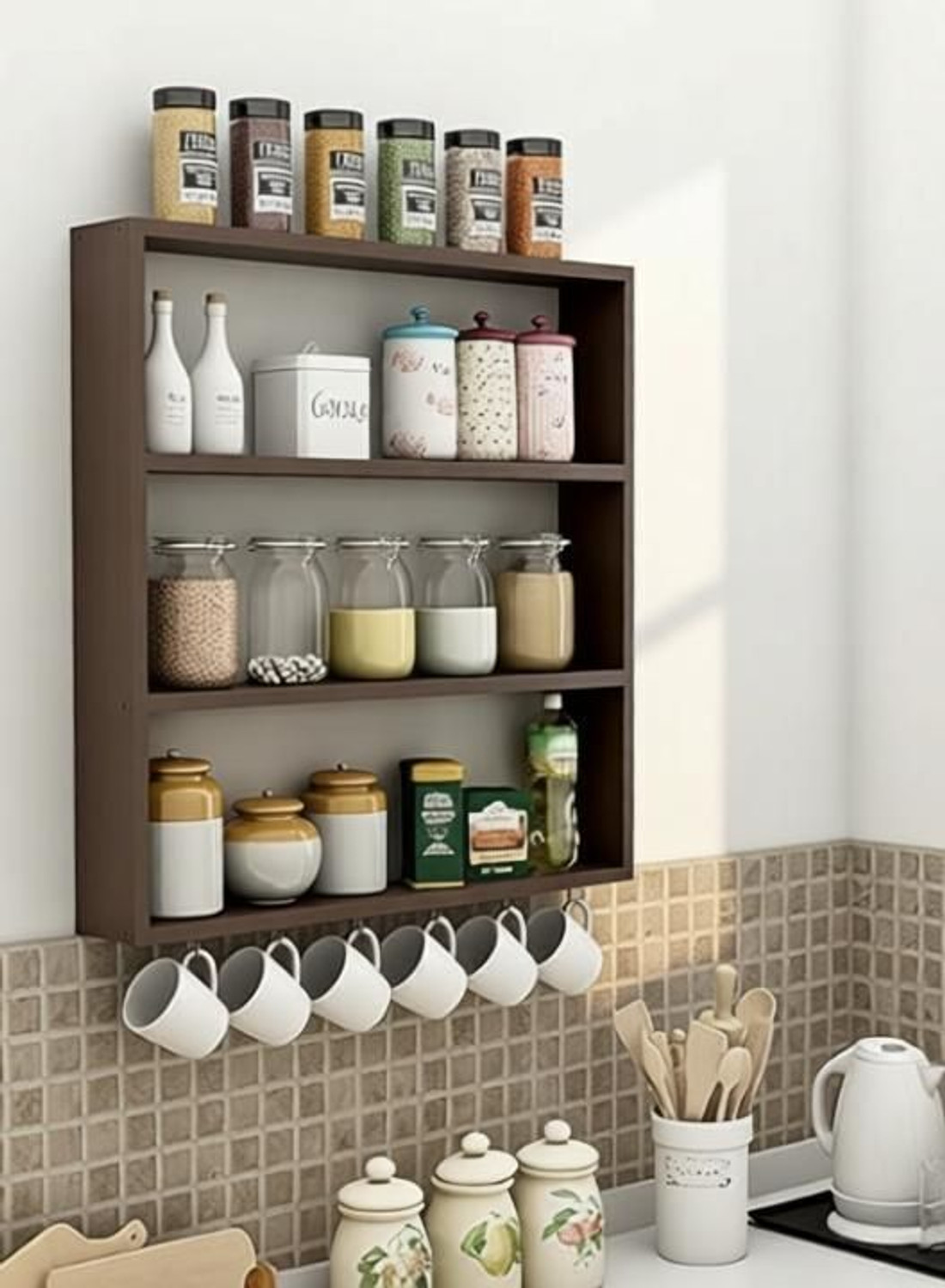WoodsyWonders Beautiful Designing Kitchen Rack Wall Mounted Shelf for Storage Organiser Utensil Kitchen Rack