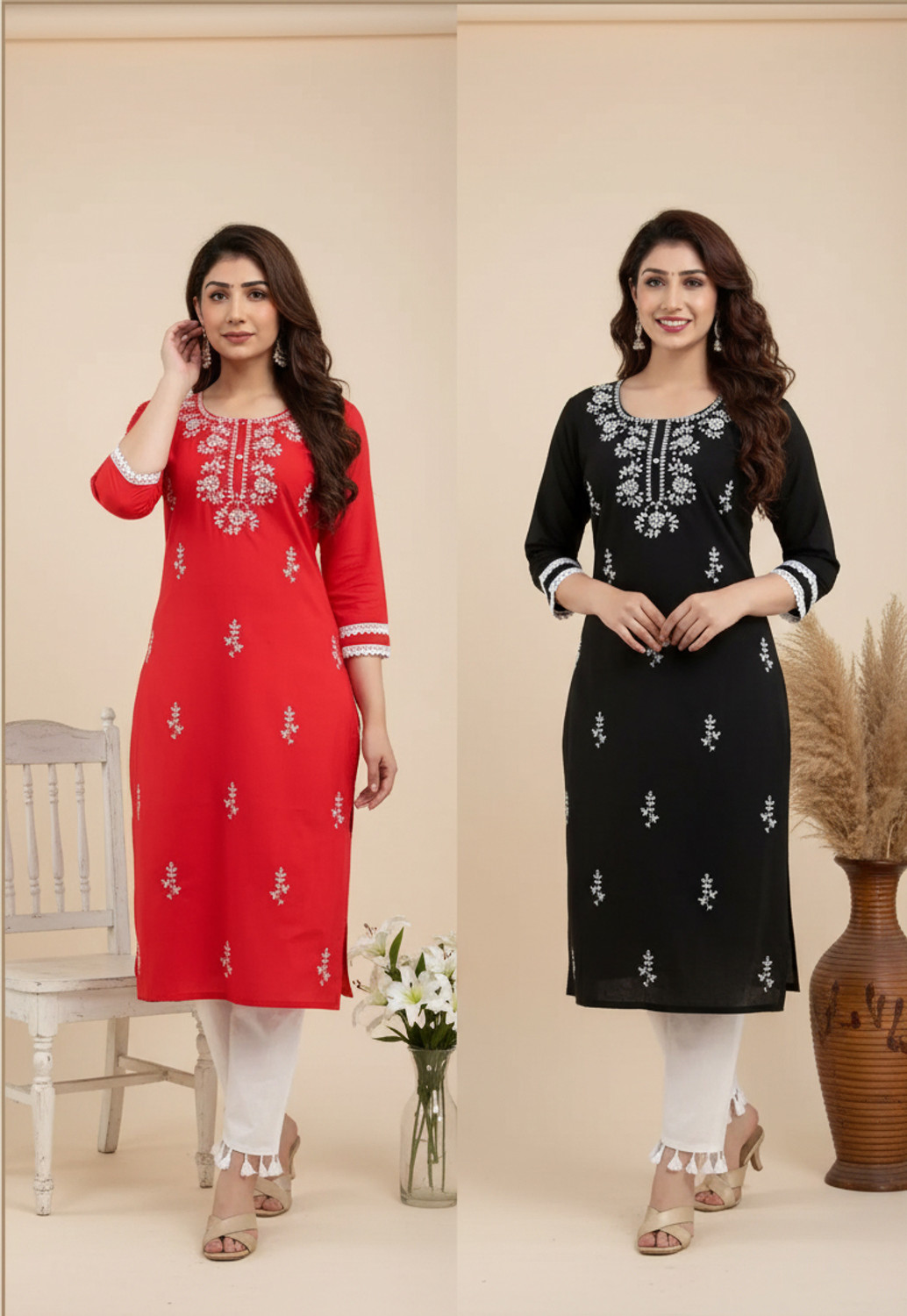 VIKSHI Women Chikan Embroidery Kurta