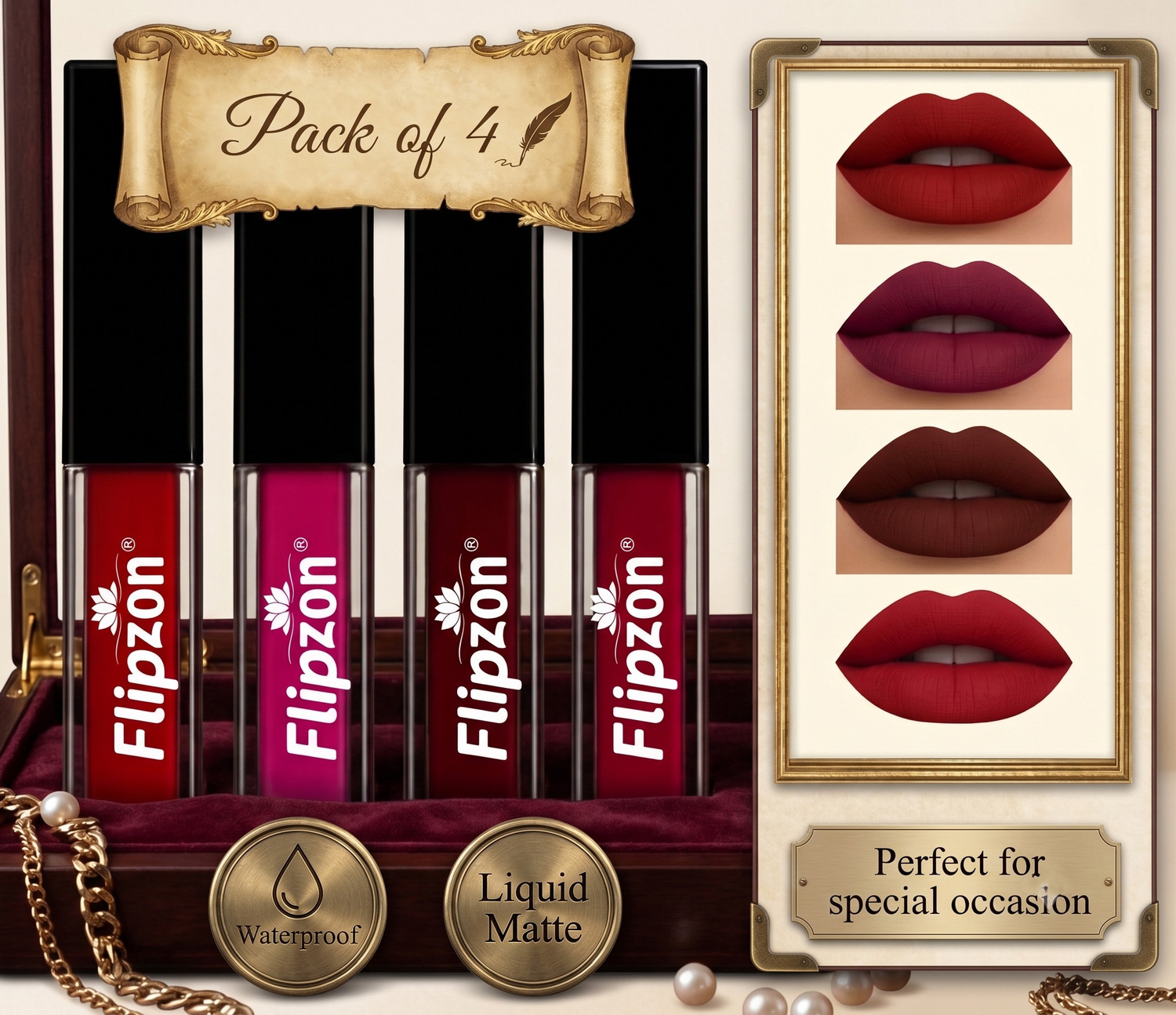 FLIPZON WaterProof Liquid Matte Lipstick Combo Pack of 4 red edition