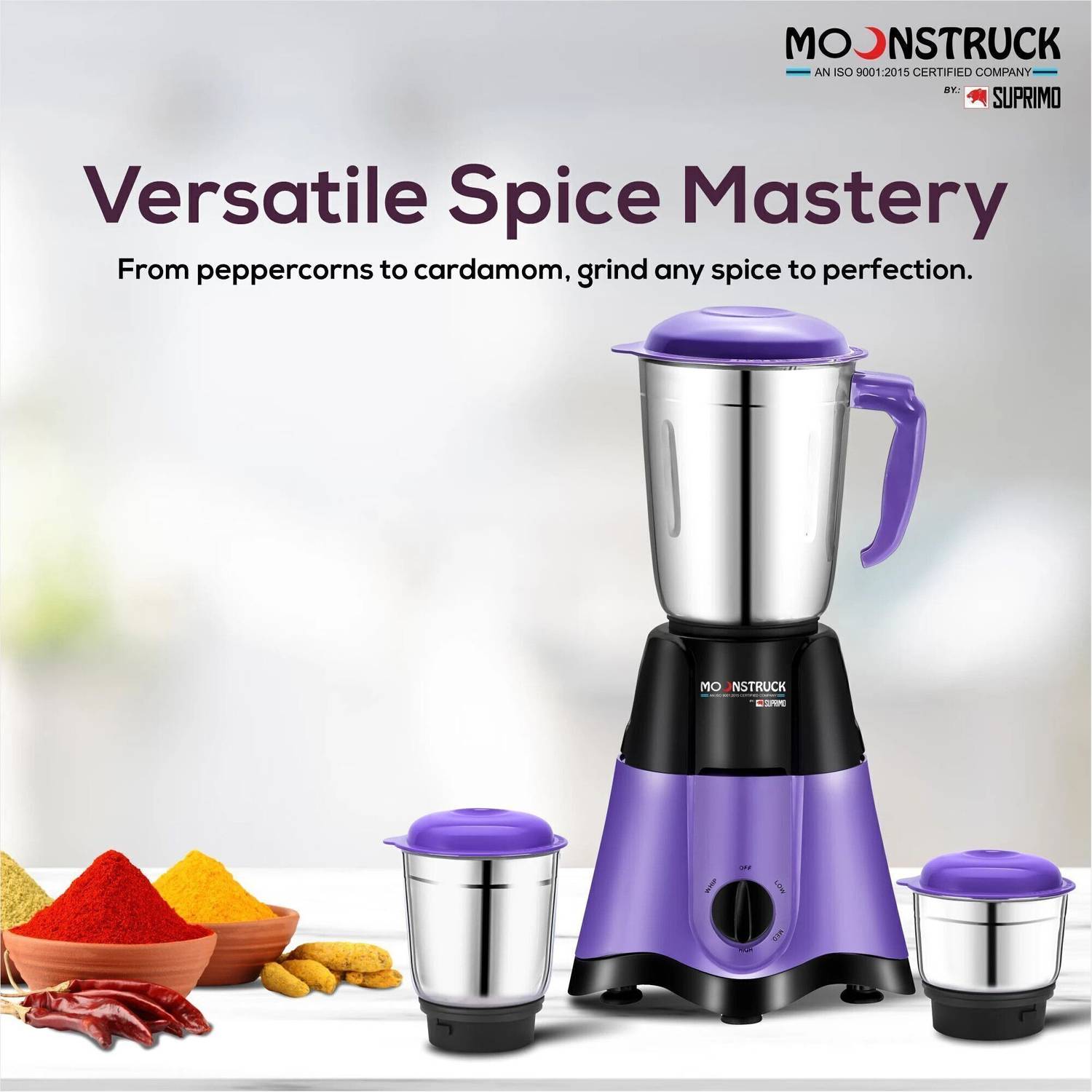 Moonstruck 750W 3 Jar Mixer Grinder, Purple - Image 3