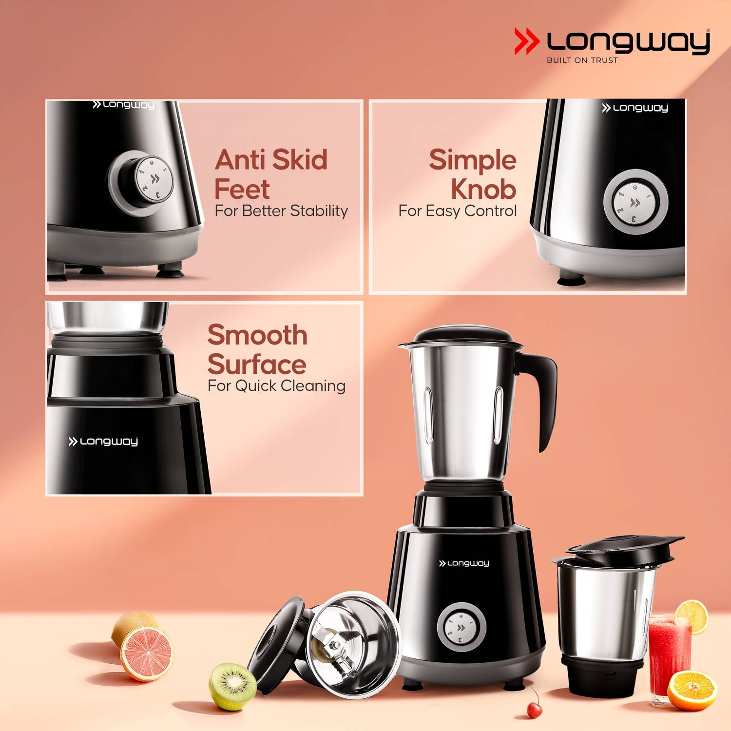 Longway Roto Max 750W Juicer Mixer Grinder (4 Jars, Black & Gray) - Image 5