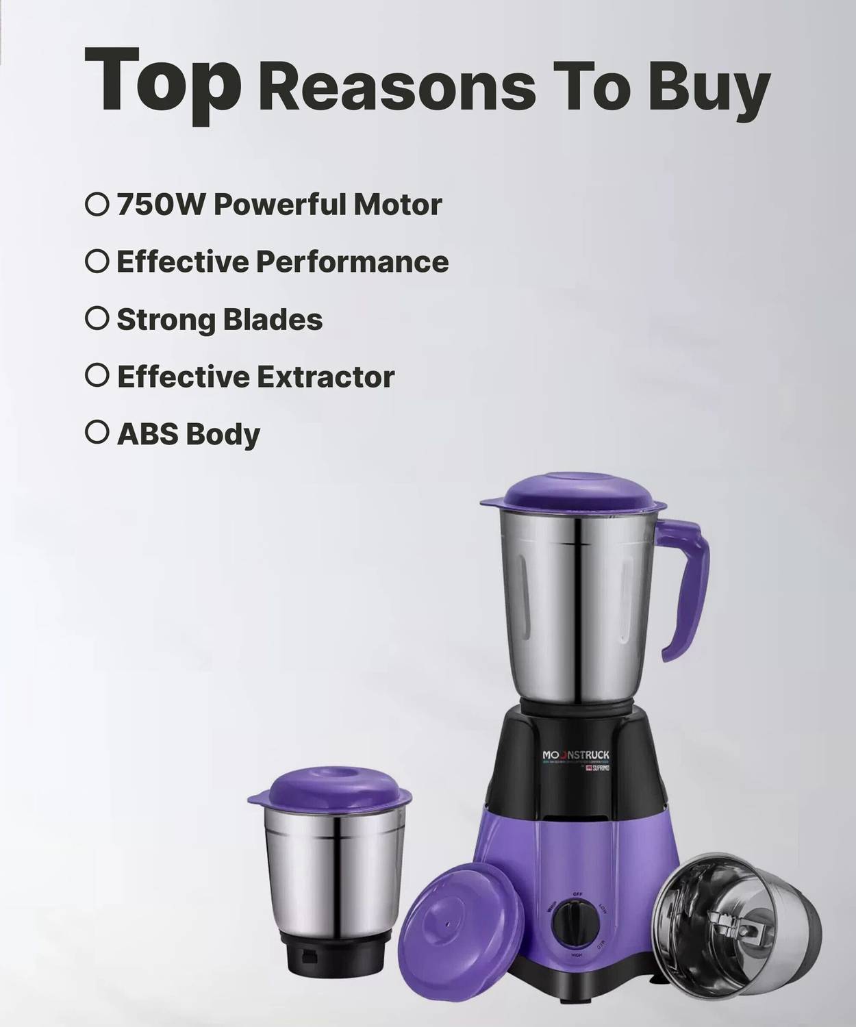 Moonstruck 750W 3 Jar Mixer Grinder, Purple - Image 4