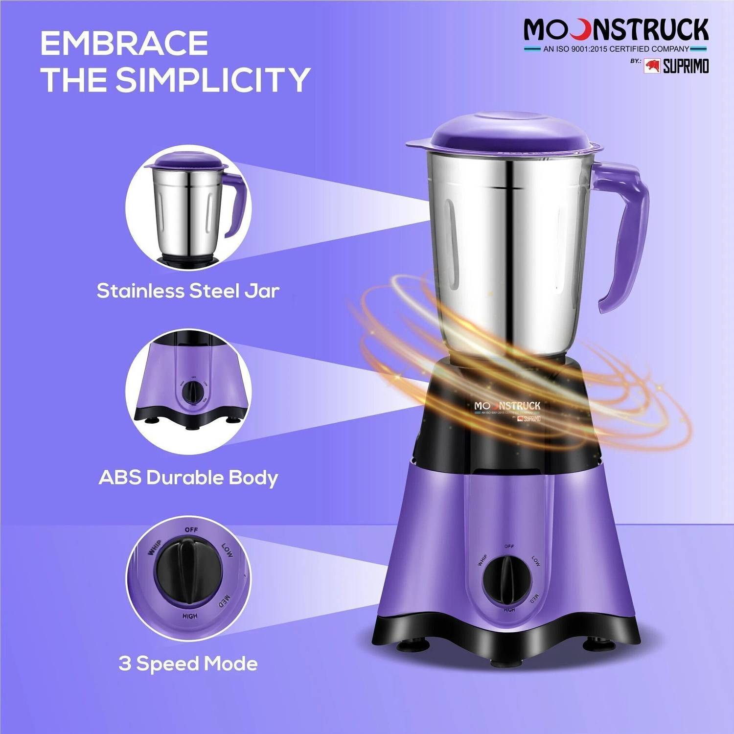 Moonstruck 750W 3 Jar Mixer Grinder, Purple - Image 5