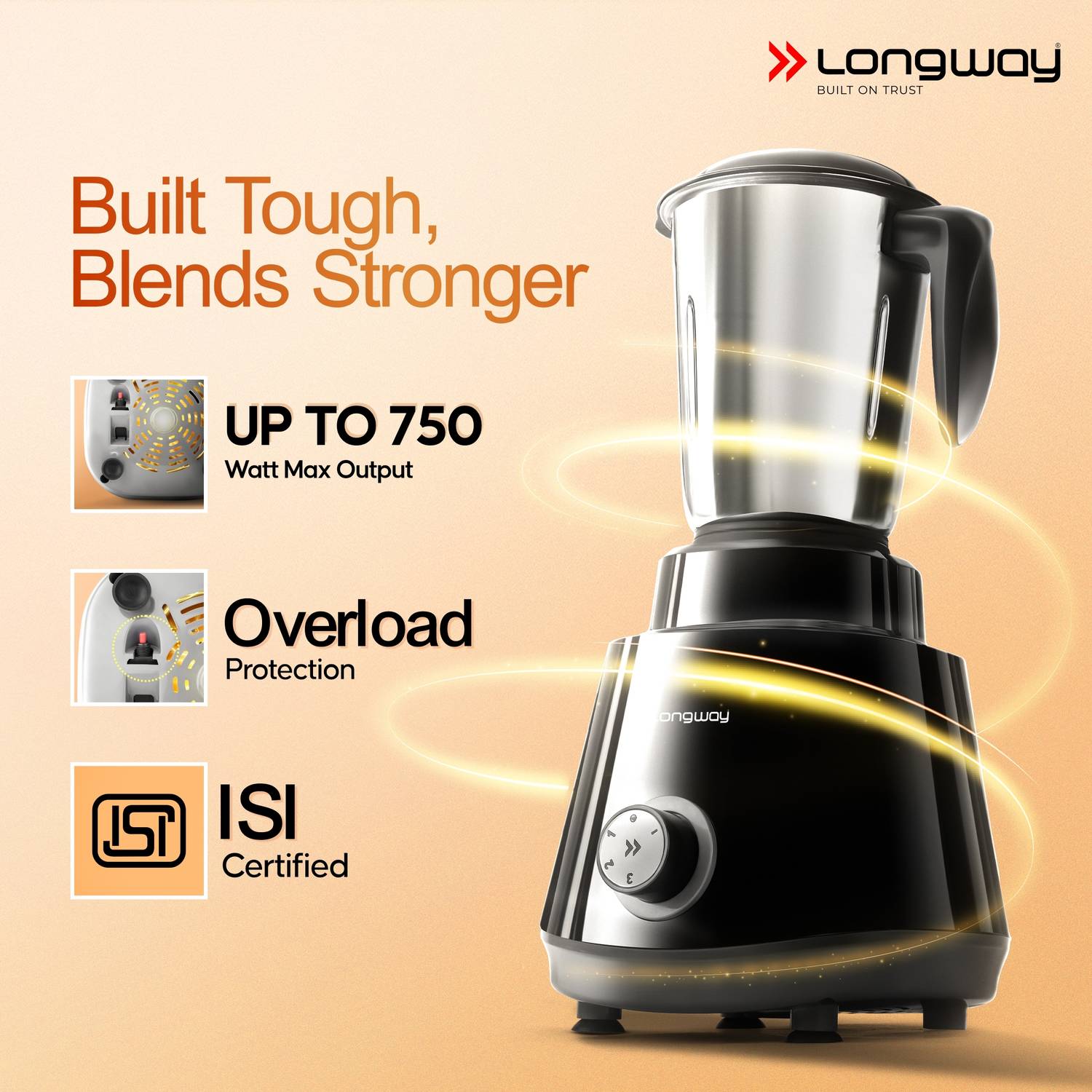 Longway Roto Max 750W Juicer Mixer Grinder (4 Jars, Black & Gray) - Image 4