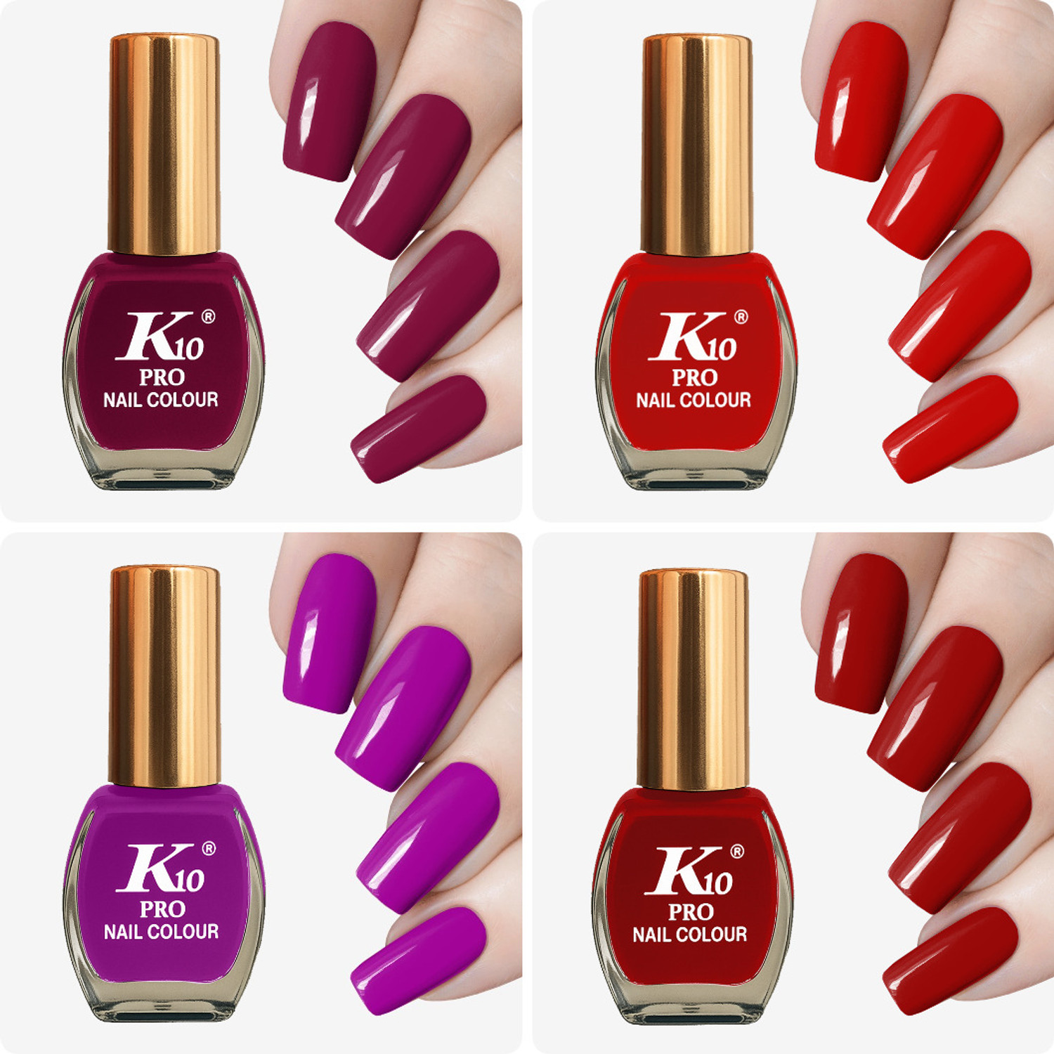 K10 Morden Classic Nail Paint 4 Color Combo Red, purple, Dark Red, Beet Red