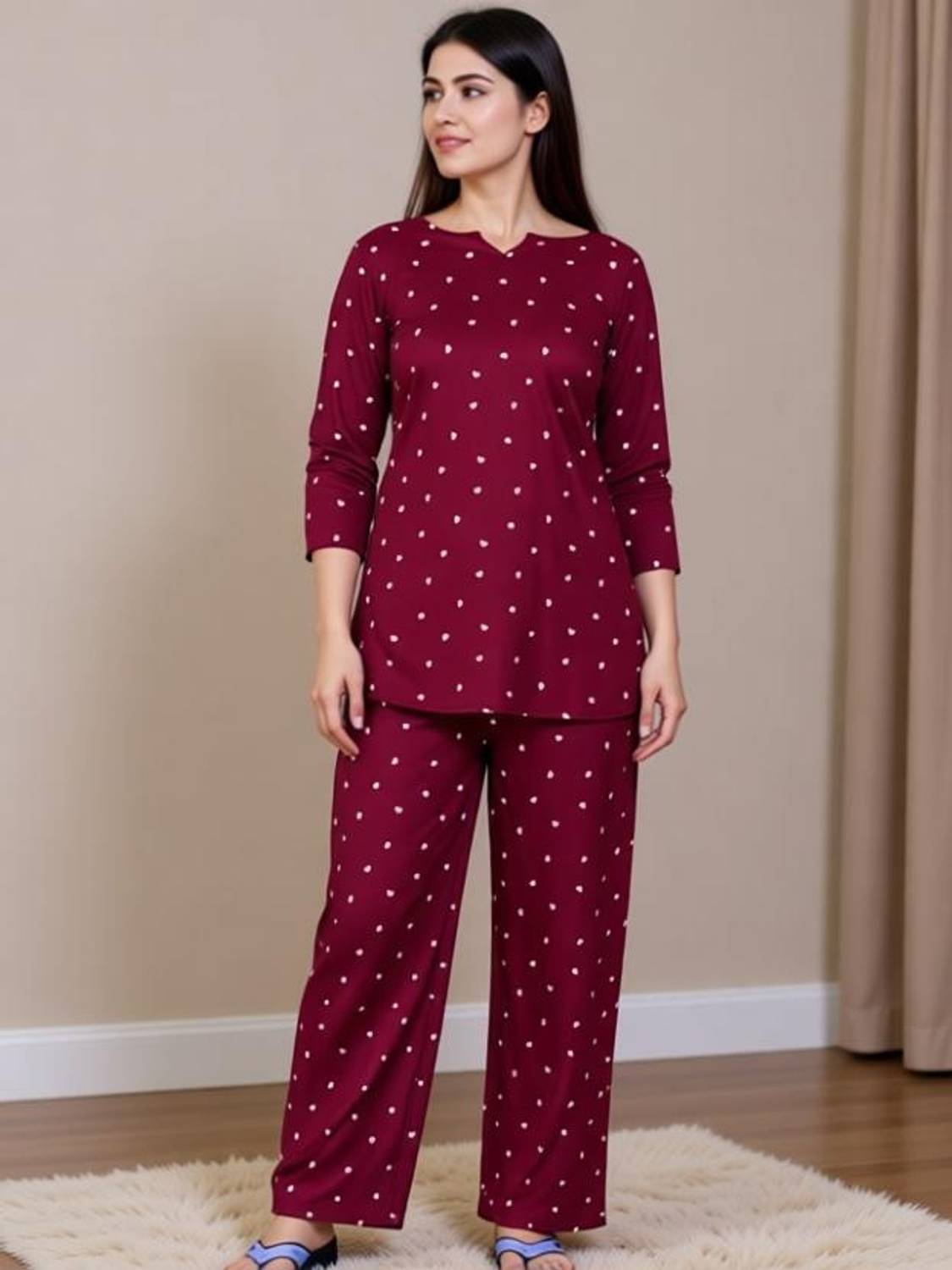 FROEBEL Women Printed Maroon Night Suit Set