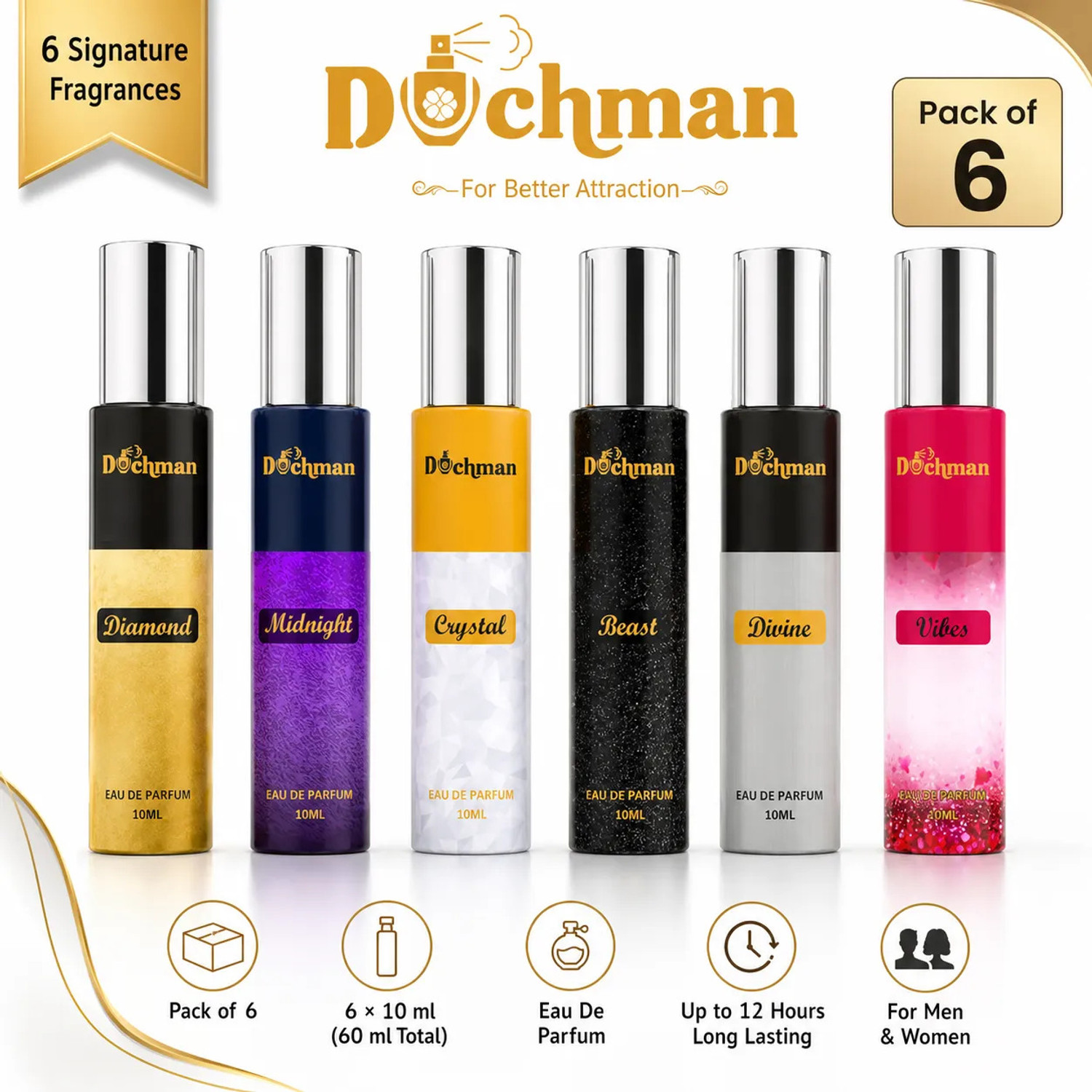 DUCHMAN UK Boy Long Lasting Perfume With | White oud Perfume| Pack of six 6x10ML Eau de Parfum - 60 ml