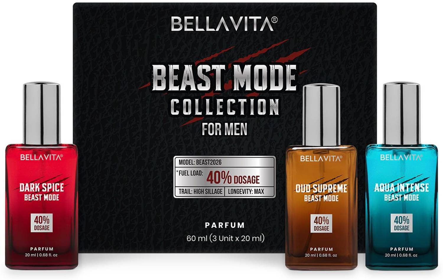 BELLAVITA Beast Mode Men's EDP 3x20ml Pack of 3 · 20 ml (60 ml total)