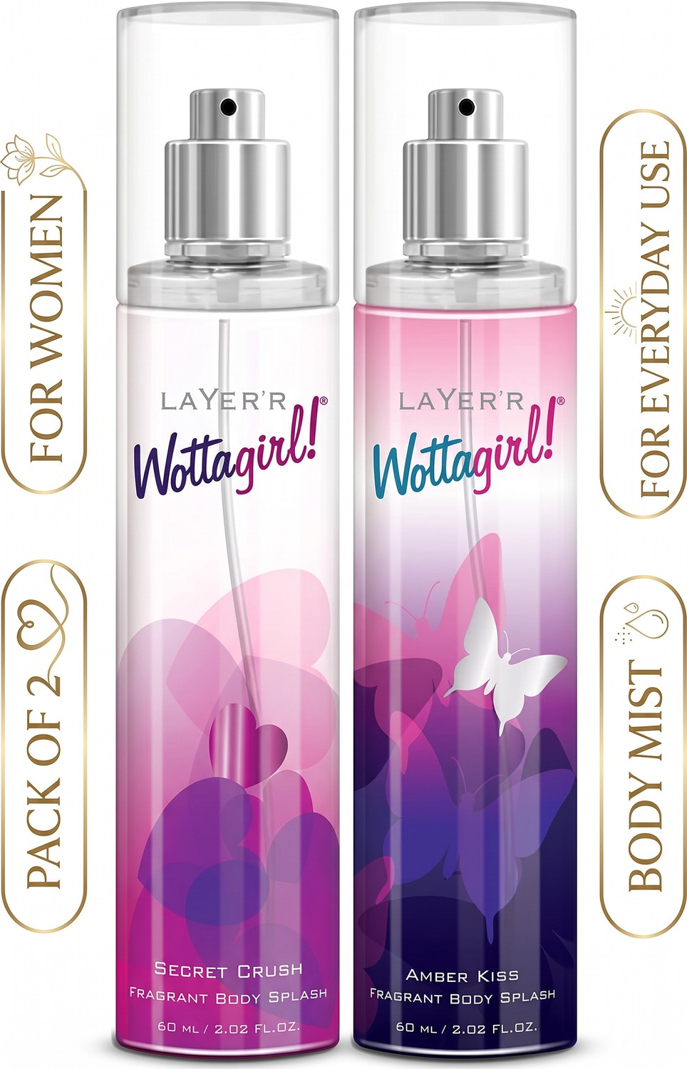 LAYER'R Wottagirl Secret Crush & Amber Kiss Body Splash Long Lasting Fragrance Combo Perfume - 120 ml