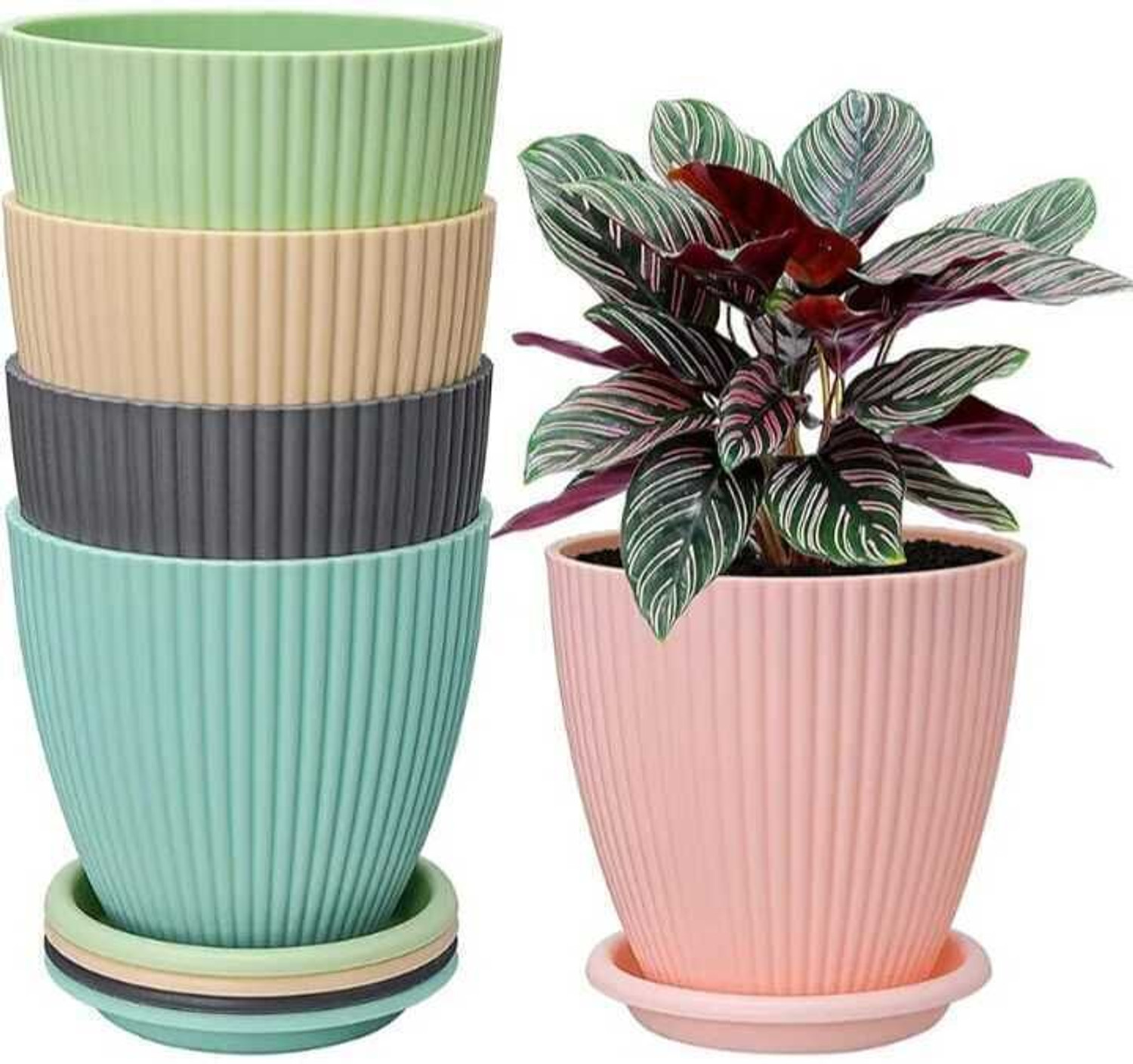 Virkart 5 Pack Round Flower Pots Outdoor Indoor Planters with Drainage Hole and Tray Plant Container Set