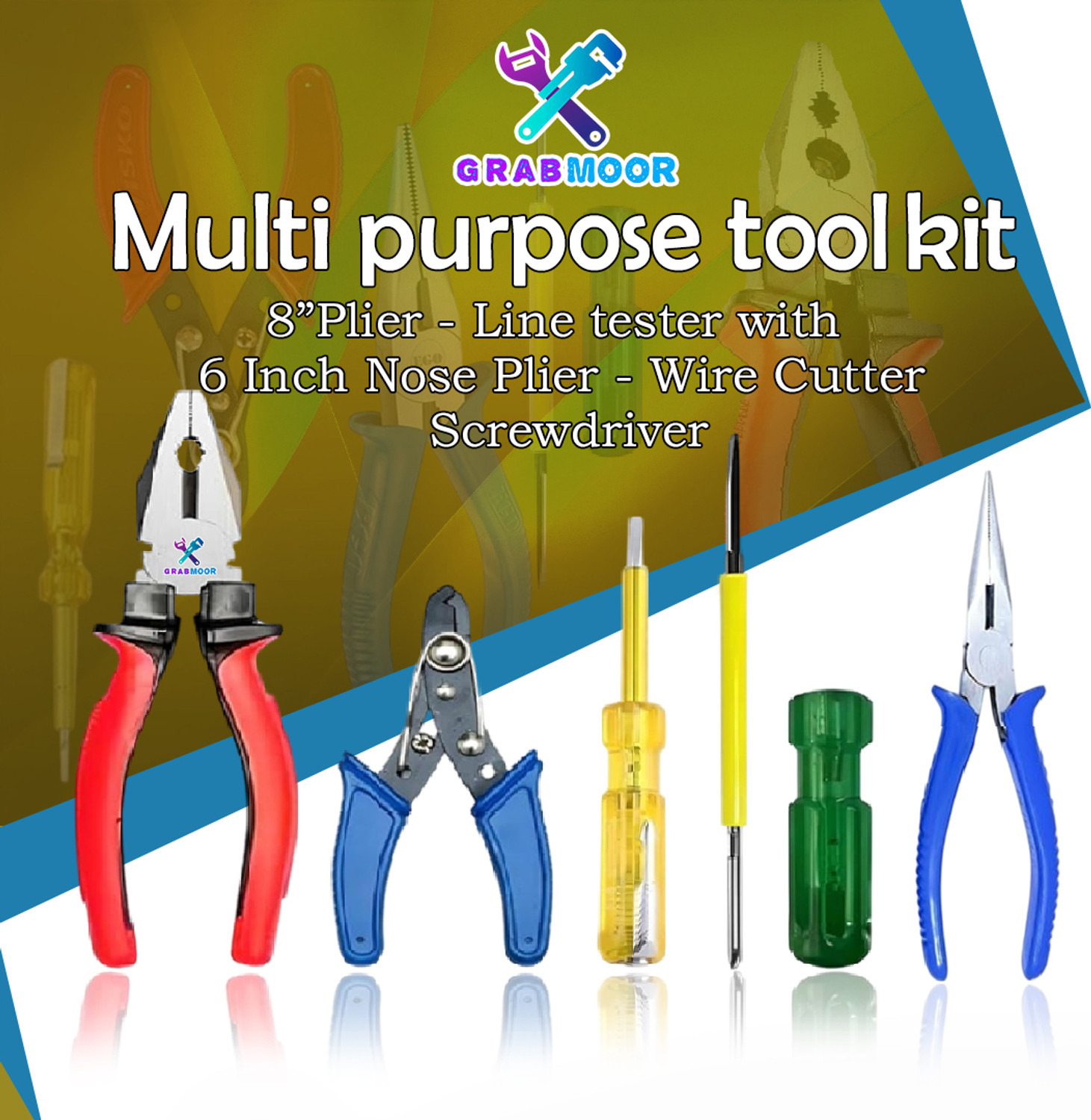 GrabMoor Combo of GM-5Q 8" Plier, Wire Cutter, Tester, 2in1 Screwdriver, Nose Plier Hand Tool Kit