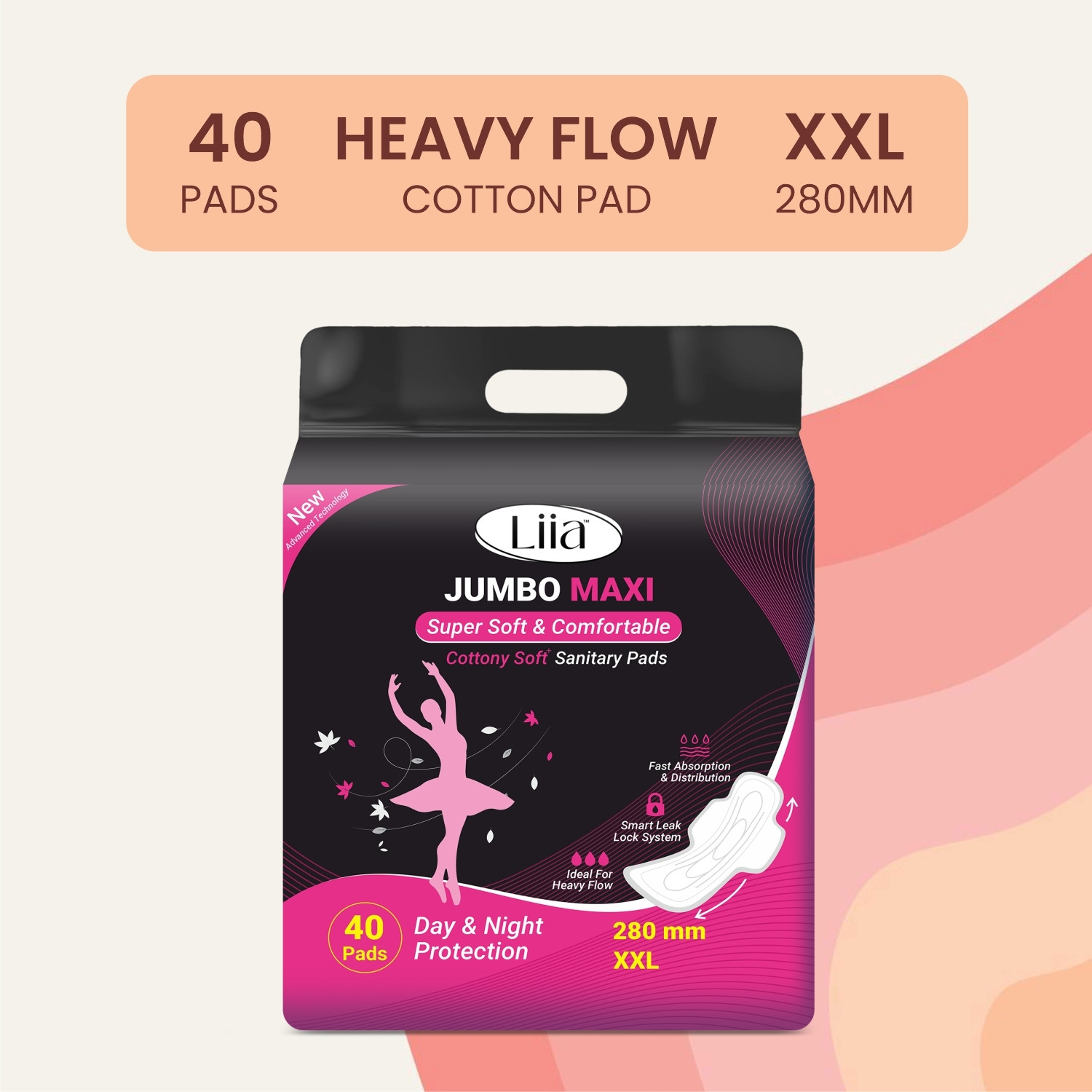 Liia Extended coverage with ultra-dry technology for all-day freshness. Sanitary Pad